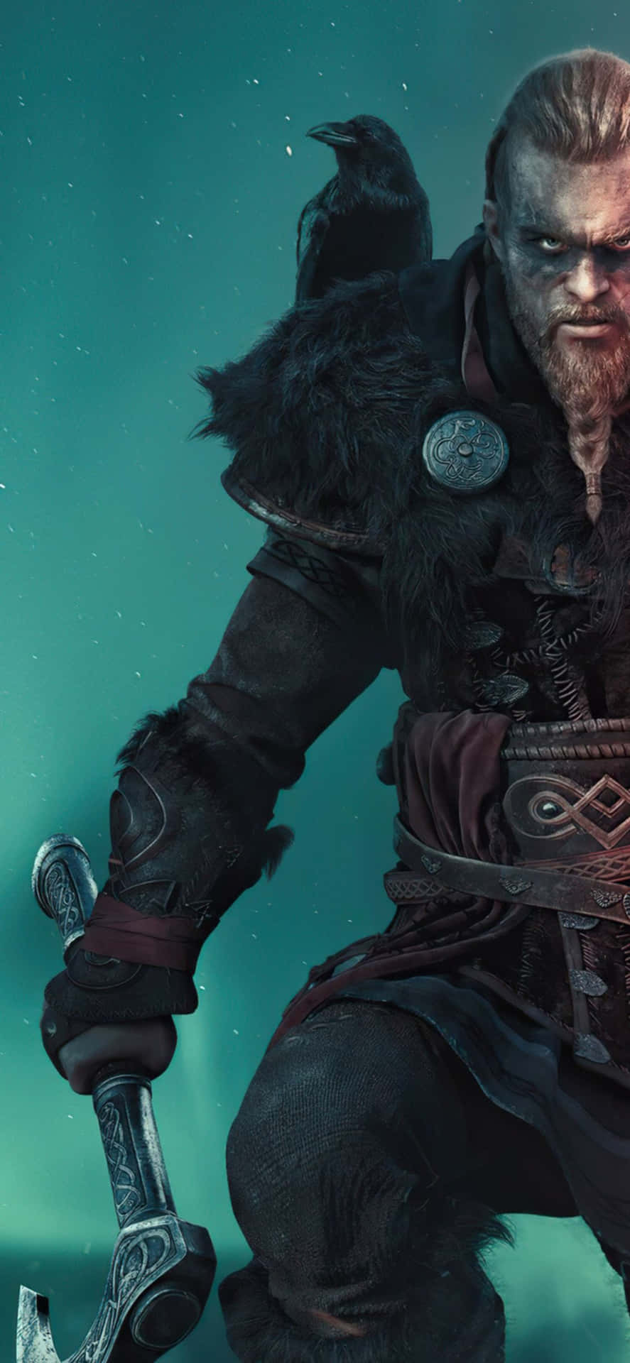 Viking 桌布 壁紙 — 一個兇猛的維京戰士，肩上棲息著一隻烏鴉，握著一把華麗的斧頭，背景是發光的青綠色極光。