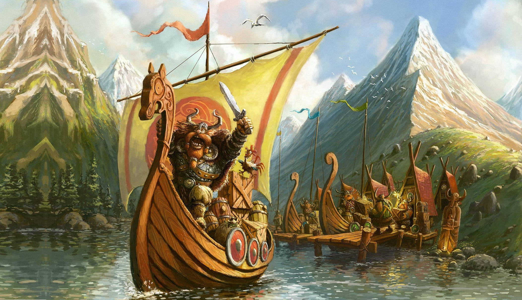 Viking Ship 桌布 壁紙 — 一個兇猛的維京戰士，頭戴角盔手持劍，站在龍頭長船上，駛過雪山和森林覆蓋的海岸。