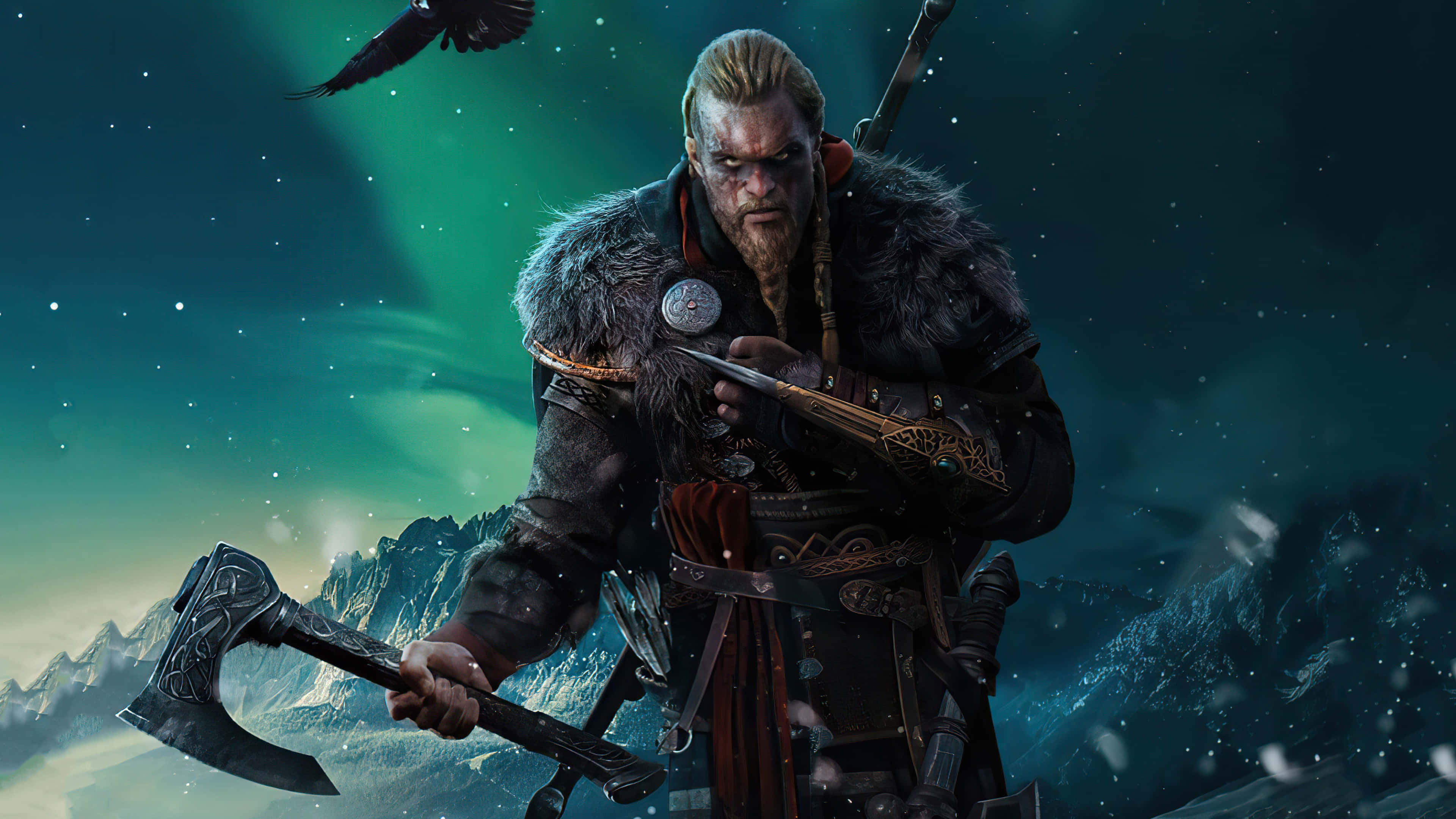 All Games 桌布 壁紙 — 一個兇猛的維京戰士手持斧頭，站在白雪覆蓋的山地景觀中，頭頂有綠色北極光和飛翔的烏鴉。