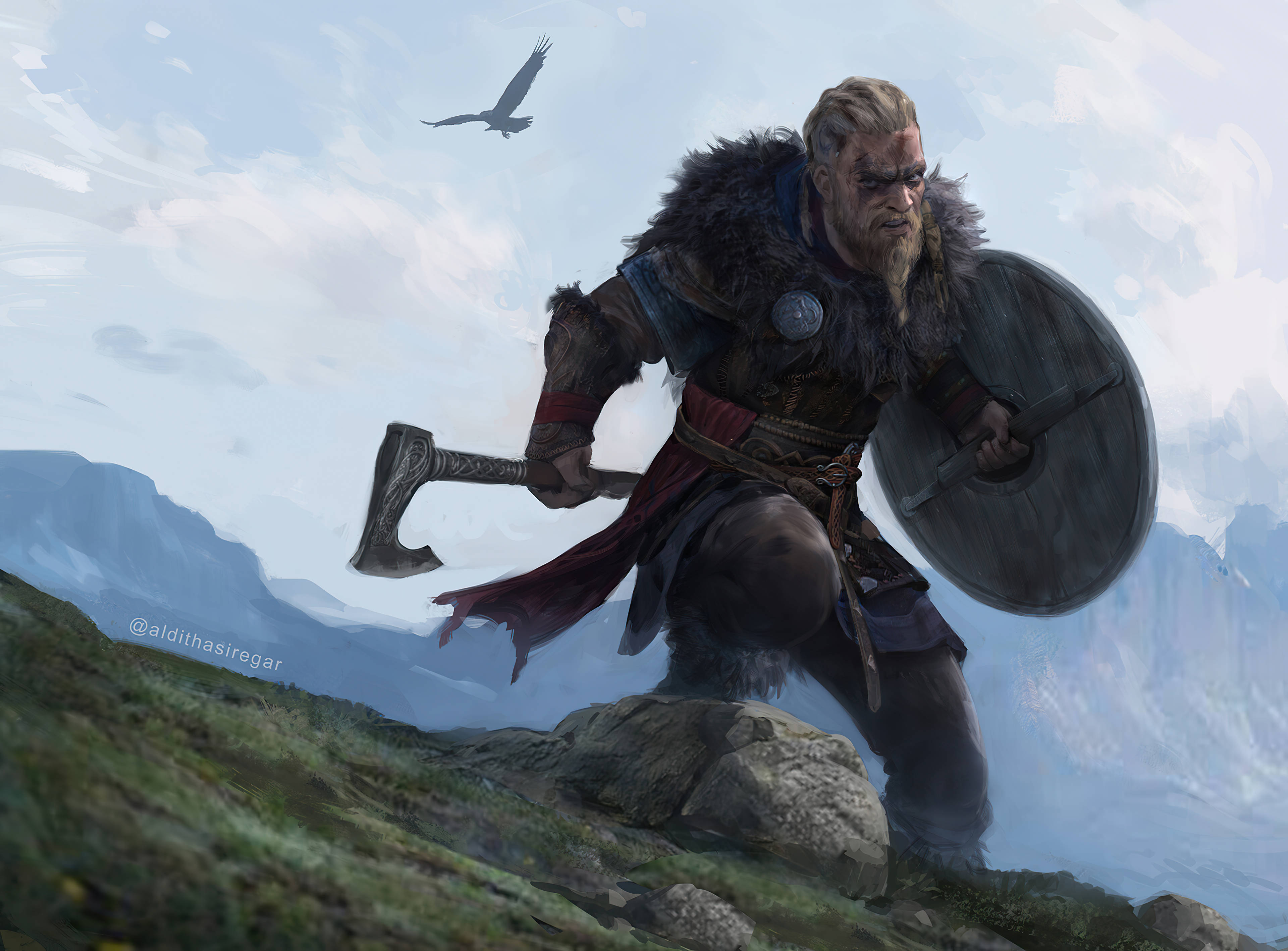 Valhalla 桌布 壁紙 — 一個兇猛的維京戰士手持斧頭和盾牌，走過霧氣瀰漫的山脊，一隻烏鴉在頭頂翱翔。