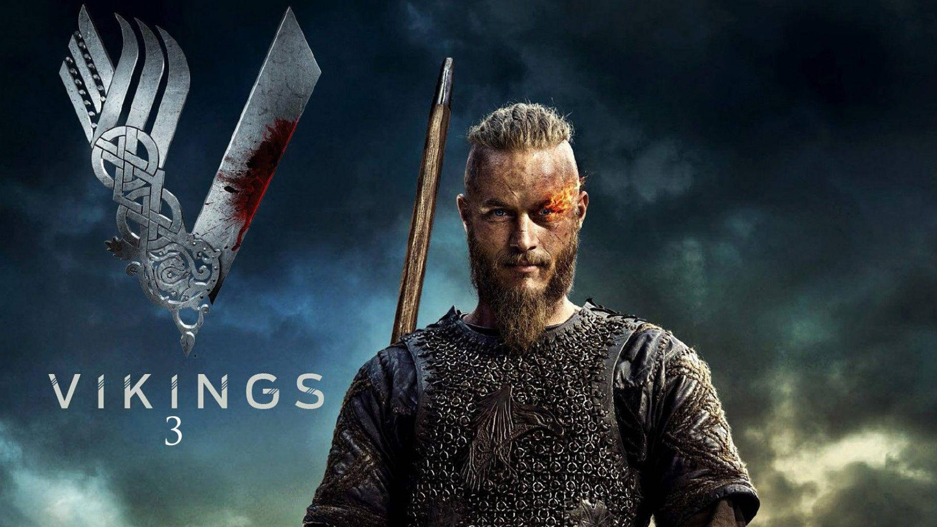 維京人 桌布 壁紙 — 一個兇猛的維京戰士手持血劍，在『Vikings 3』標誌下，站立在暴風雨的天空前。