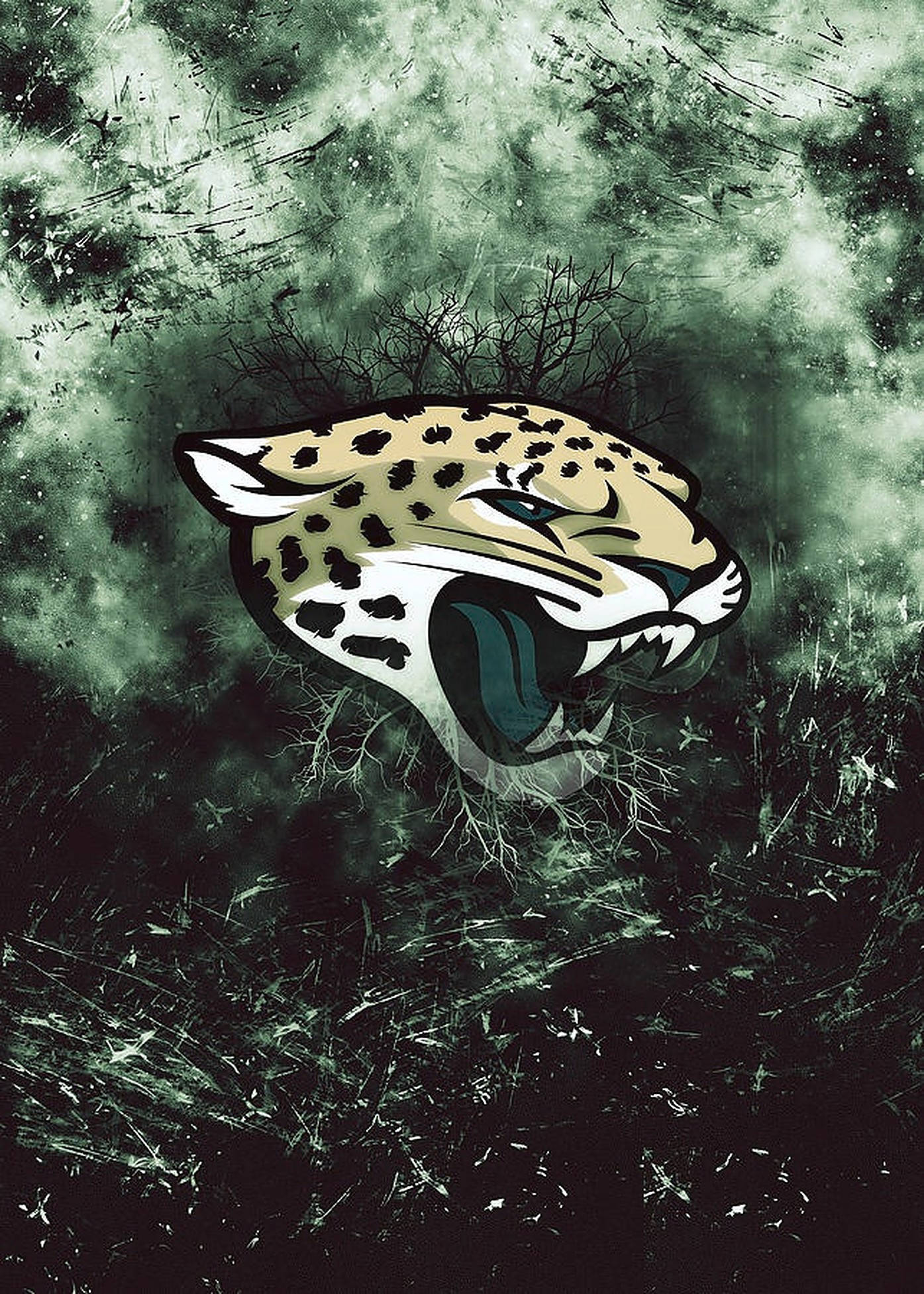 Jaguars 桌布 壁紙 — 一個兇猛的美洲豹頭在粗糙的綠色和黑色紋理背景上咆哮，帶有濺漆效果。