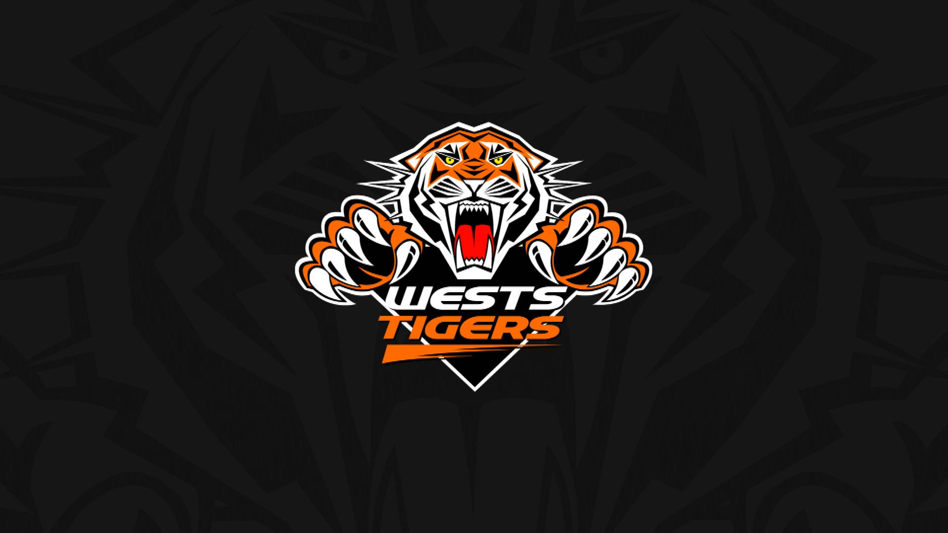 Nrl 桌布 壁紙 — 一個兇猛的老虎吉祥物標誌，帶有橙色爪子和牙齒，背景為深色幾何老虎剪影。