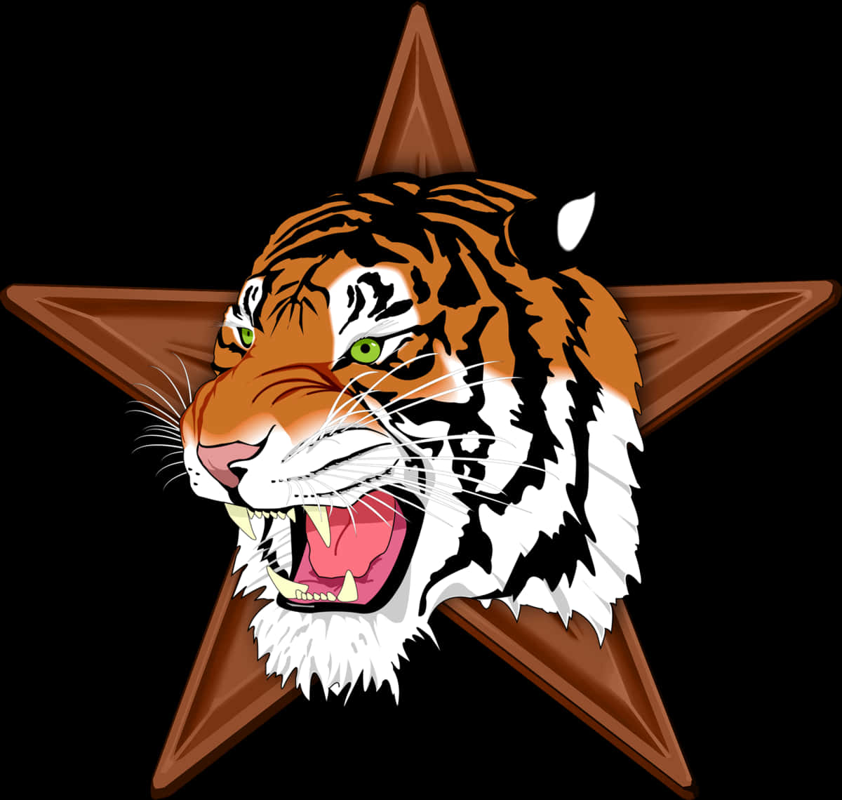 Roaring Tiger 桌布 壁紙 — 一個兇猛的老虎頭在黑色背景上的棕色星星內咆哮。