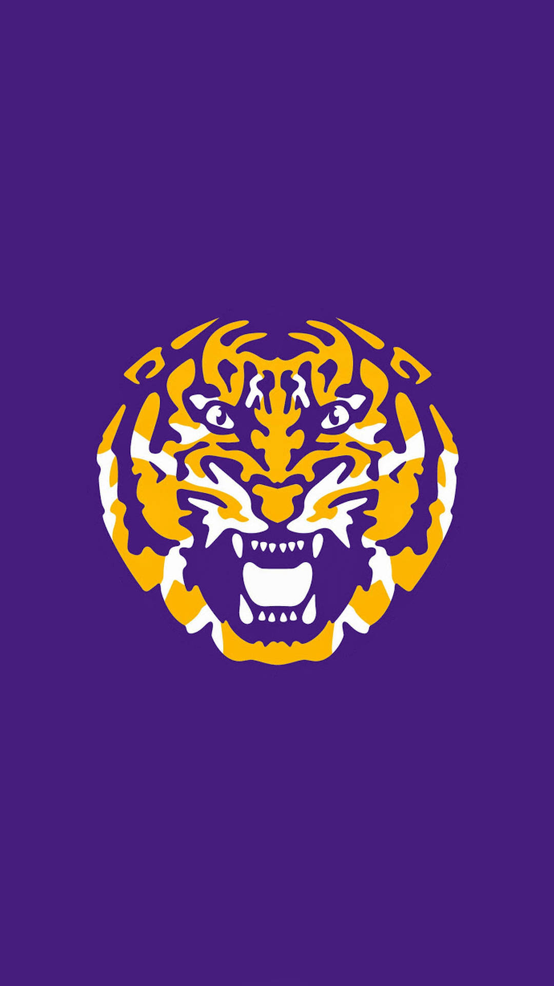 Lsu 桌布 壁紙 — 一個兇猛的老虎頭標誌，採用大膽的黃色和白色條紋，背景為純紫色。
