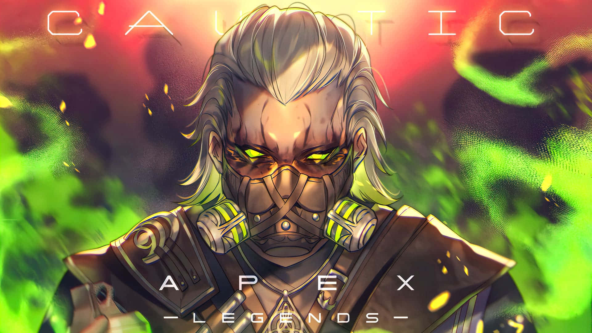 Apex Legends Characters 桌布 壁紙 — 一個兇猛的蒙面戰士，擁有發光的黃色眼睛和銀色頭髮，站在火紅和霓虹綠的背景前。