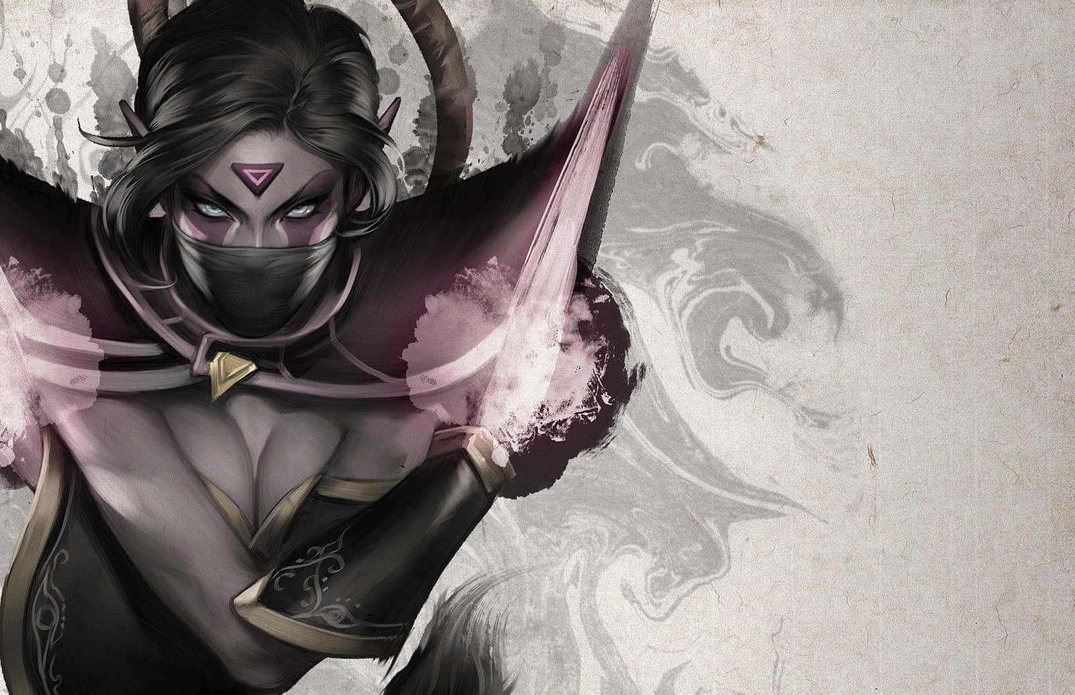 Templar Assassin 桌布 壁紙 — 一個兇猛的蒙面戰士，頭戴黑色角，手持發光劍，在紋理羊皮紙背景上劈開旋轉的煙霧。
