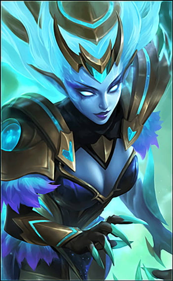 Mobile Legends 動態圖 桌布 壁紙 — 一個兇猛的藍皮膚戰士，擁有發光的青色頭髮和華麗的盔甲，站在光芒四射的藍綠色背景前。