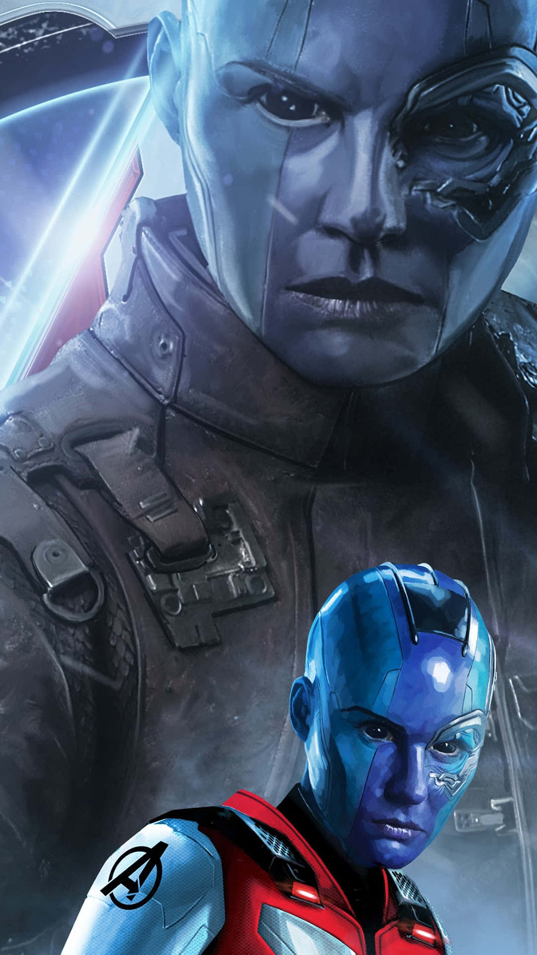 Avengers Endgame iPhone 桌布 壁紙 — 一個兇猛的藍皮膚戰士，配備電子眼和裝甲服，站在一個穿著紅銀色盔甲的較小藍色外星人身邊，背景是發光的宇宙。