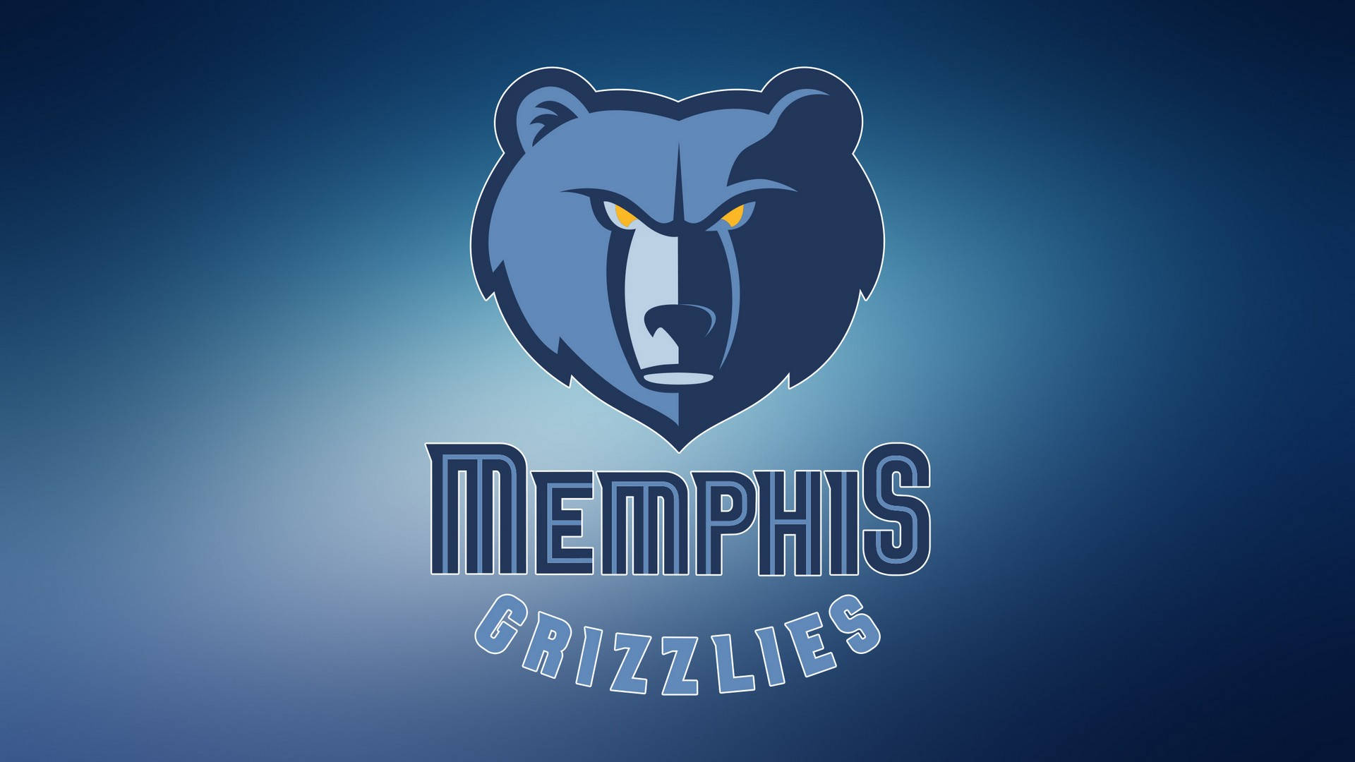 Grizzlies 桌布 壁紙 — 一個兇猛的藍色灰熊標誌，帶有黃色眼睛，並在漸變藍色背景上寫有「Memphis Grizzlies」文字。