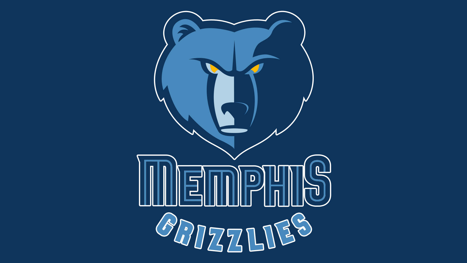 Memphis Grizzlies Logo 桌布 壁紙 — 一個兇猛的藍色灰熊標誌，帶有黃色眼睛和粗體字，用於曼菲斯灰熊隊，背景為純海軍藍。