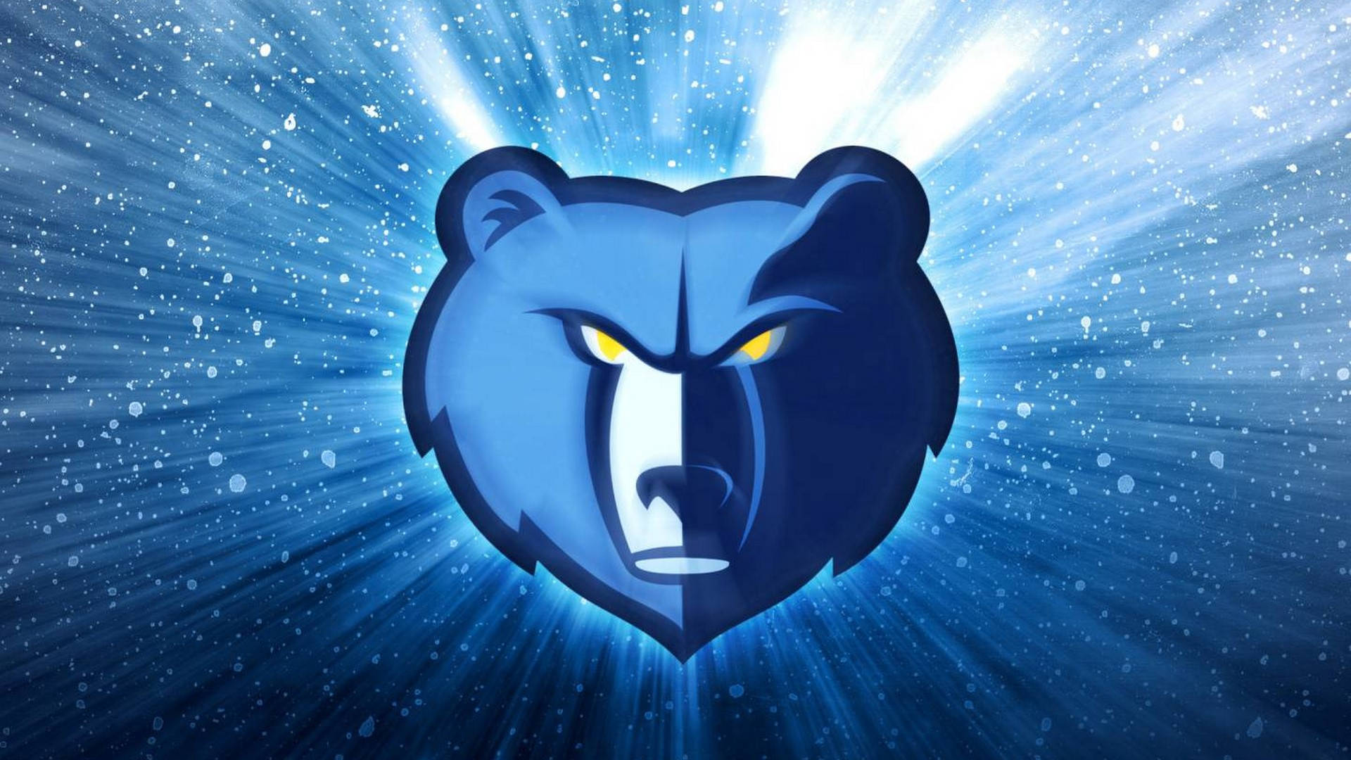 Grizzlies 桌布 壁紙 — 一個兇猛的藍色熊標誌，帶有發光的黃色眼睛，在星空藍色背景上散發出明亮的光芒。