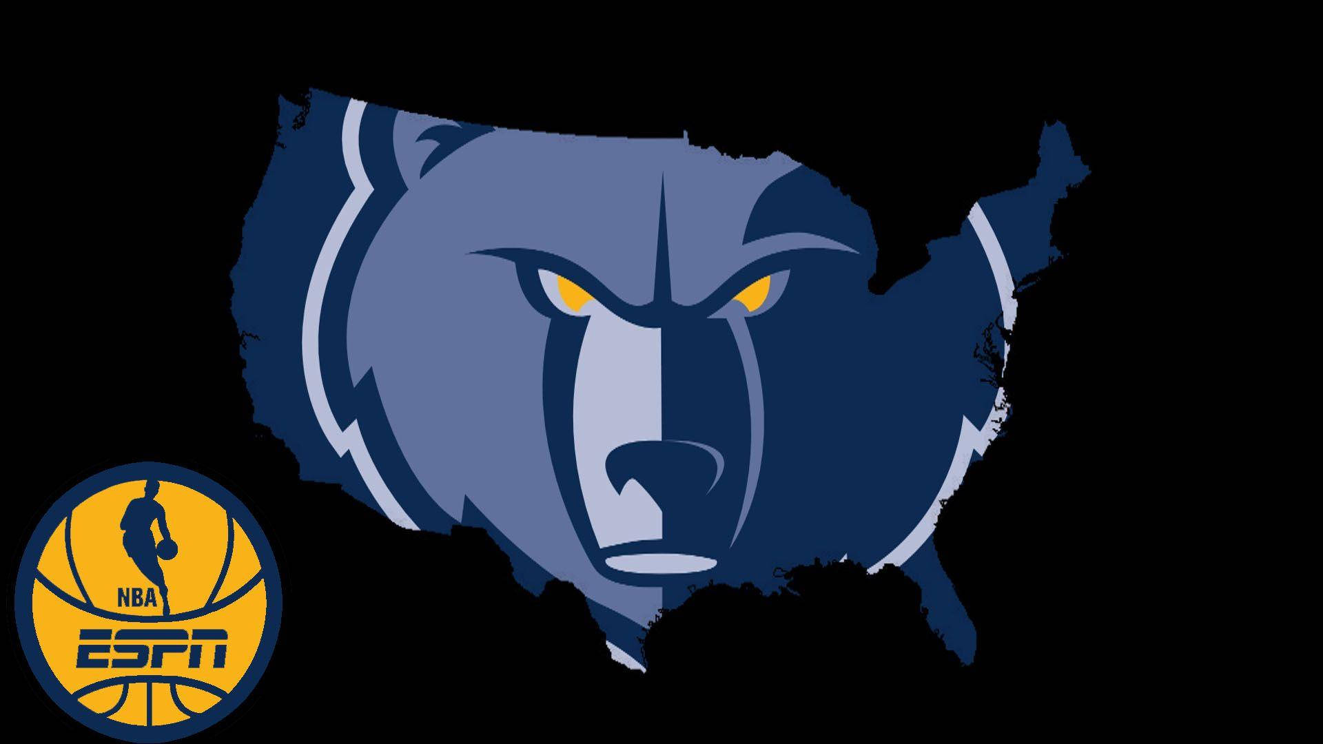 Grizzlies 桌布 壁紙 — 一個兇猛的藍色熊頭，帶有發光的黃色眼睛，形成美國的輪廓，並附有ESPN NBA標誌。