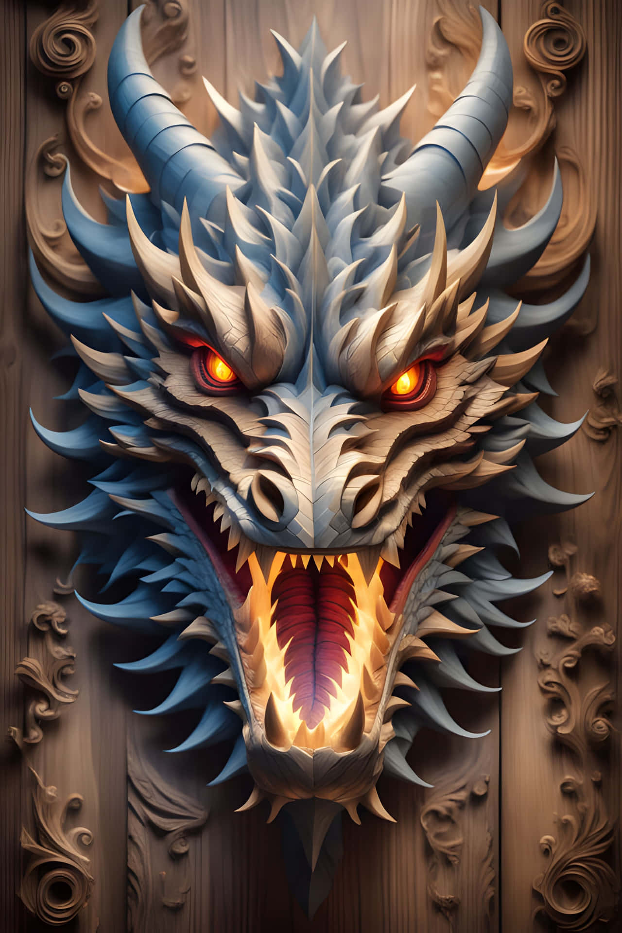 Intricate Dragon Head 壁紙 — 一個兇猛的藍銀色龍頭，帶有發光的橙色眼睛和火焰般的嘴巴，從華麗的木雕中浮現。