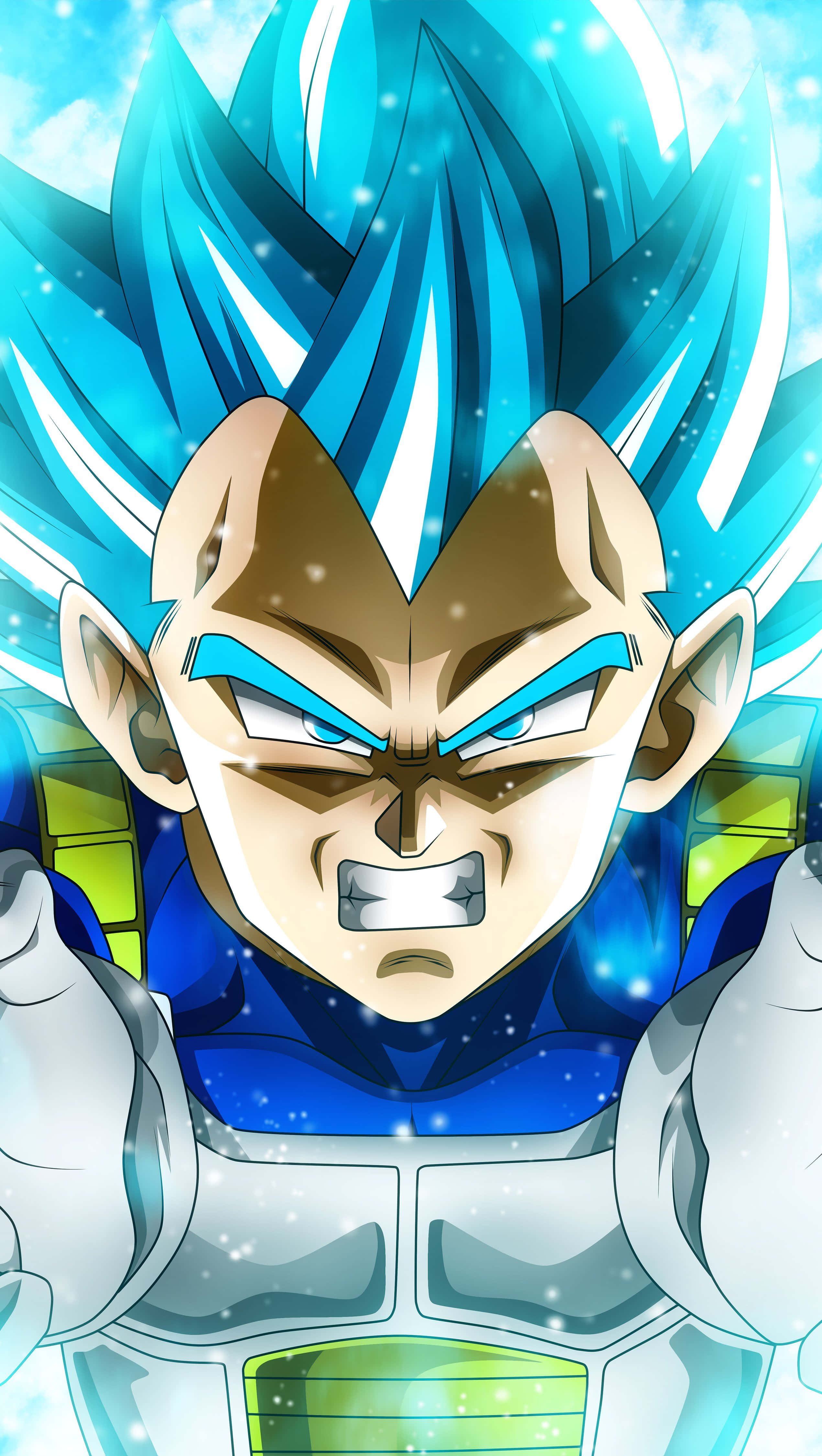 Cool Dragon Ball 桌布 壁紙 — 一個兇猛的藍髮動漫戰士，擁有發光的眼睛和尖刺頭髮，在閃爍的宇宙背景下散發力量。