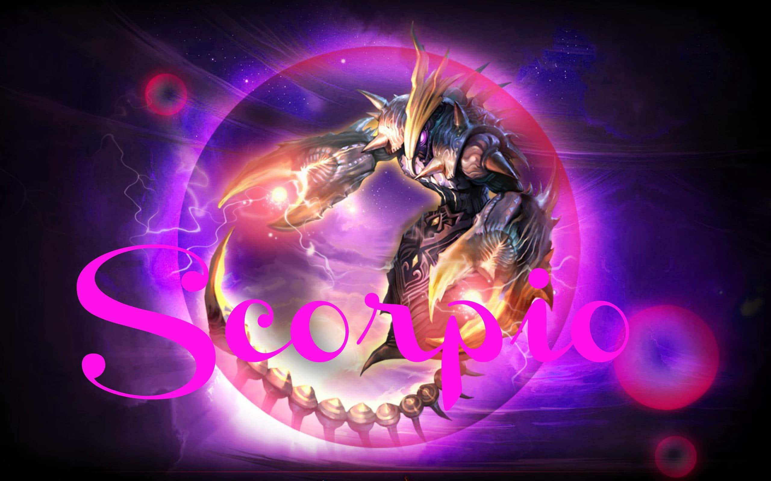 Scorpio 桌布 壁紙 — 一個兇猛的蠍子戰士，帶著發光的爪子，從宇宙紫色球體中出現，背景是繁星點點的夜空。