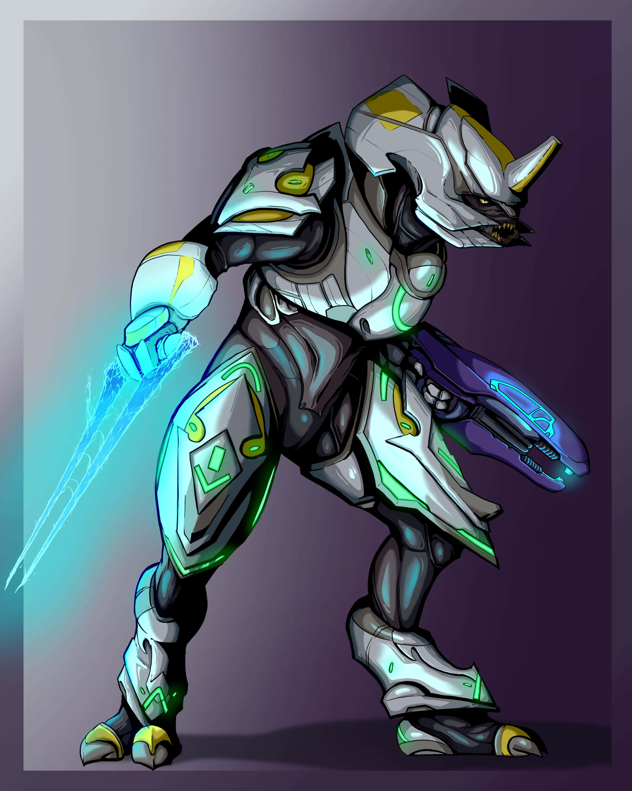 Sangheili 桌布 壁紙 — 一個兇猛的裝甲戰士，帶有發光的綠色和藍色點綴，在深紫色漸變背景上揮舞著等離子劍。