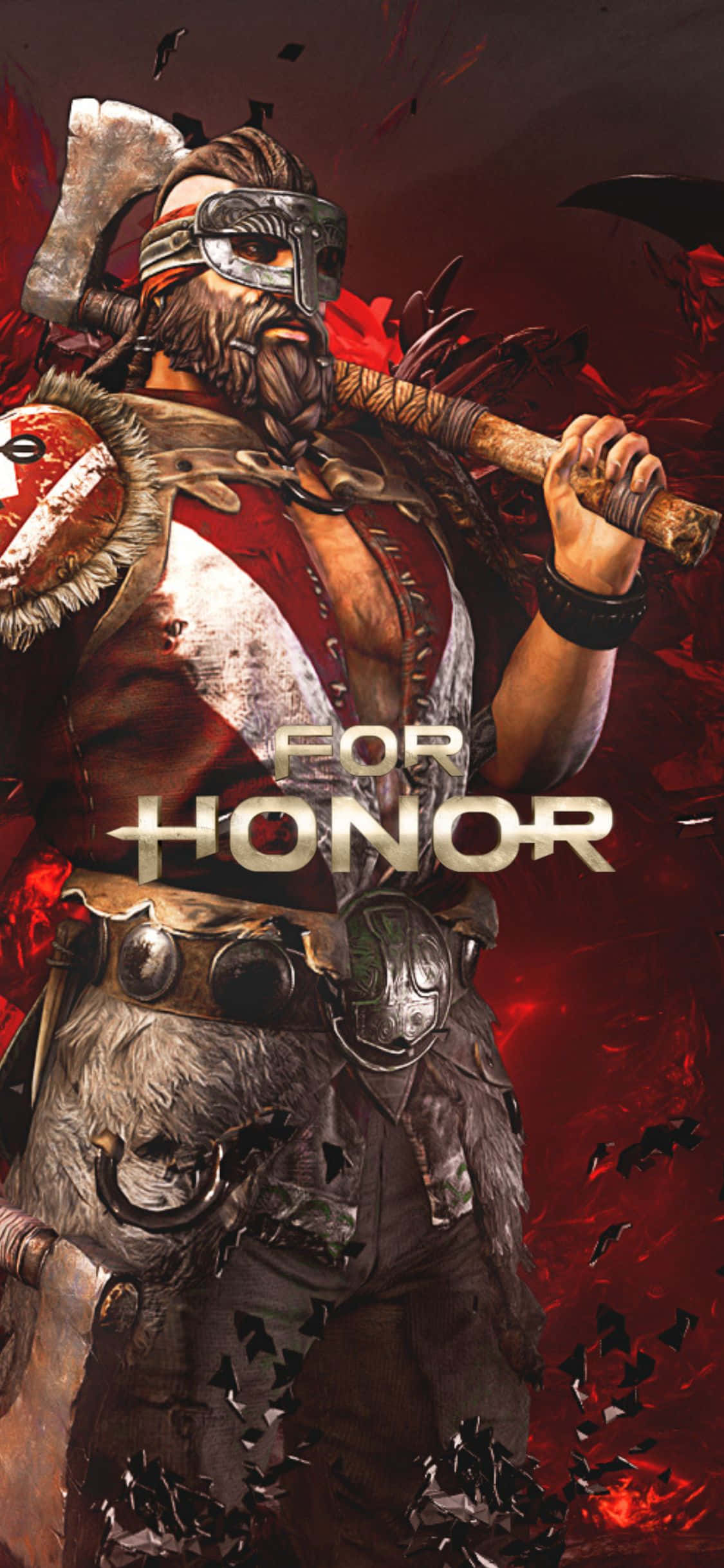 iPhone Xs For Honor 桌布 壁紙 — 一個兇猛的裝甲戰士，手持戰斧和麵具，站在火紅的背景前，上面寫著 for honor。
