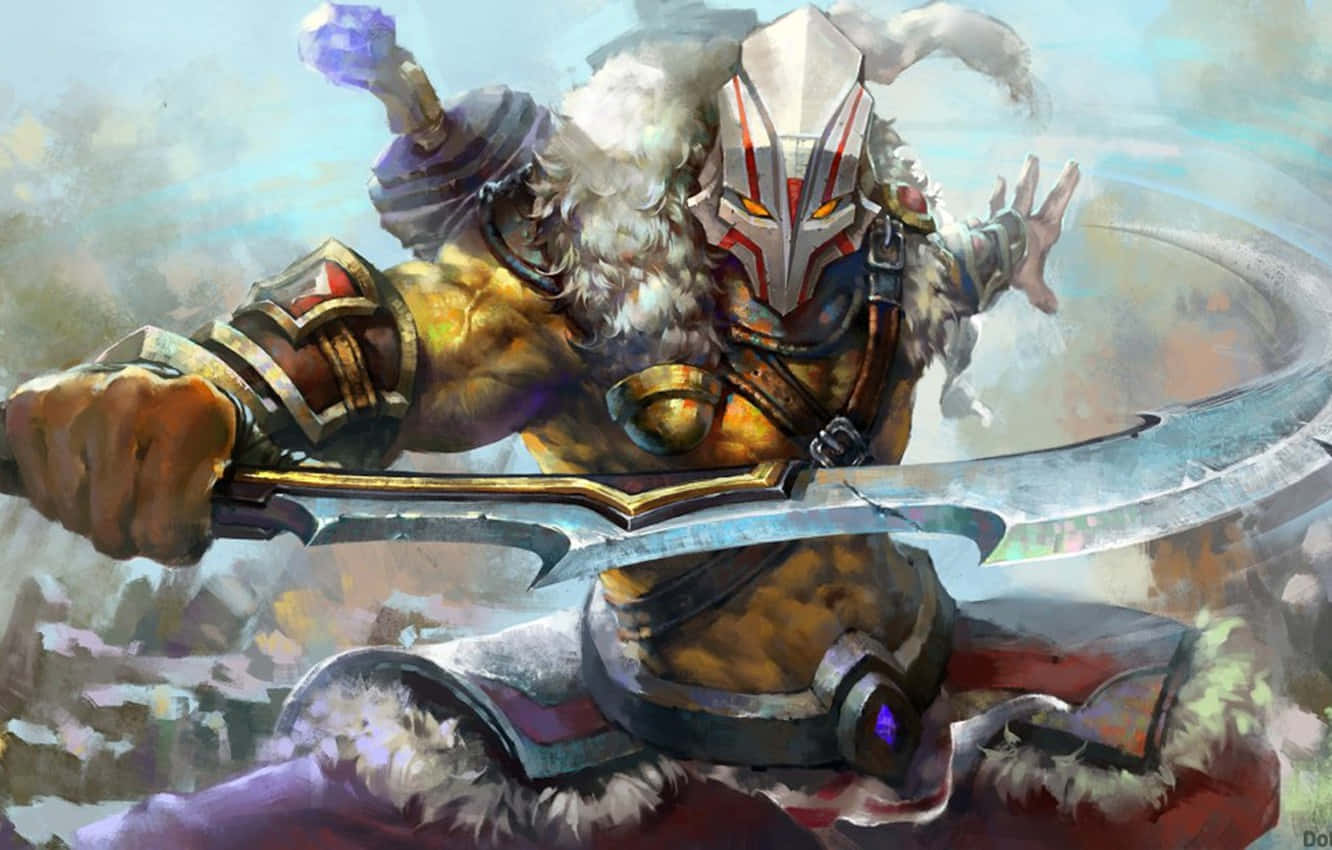 電玩遊戲 桌布 壁紙 — 一個兇猛的裝甲戰士，手持發光劍，戴著毛邊頭盔，在動態的奇幻戰鬥場景中衝鋒向前。