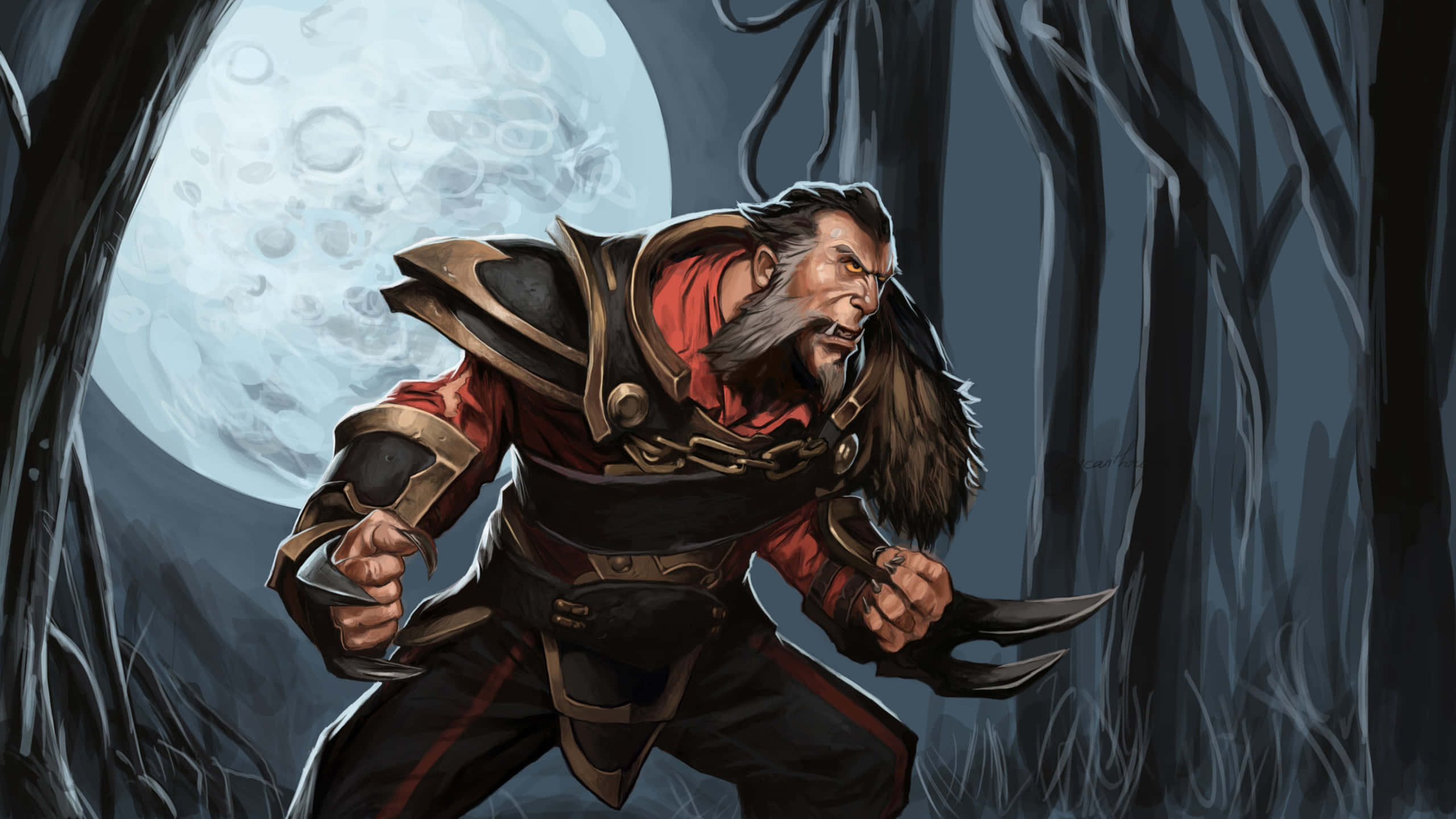 遊戲 桌布 壁紙 — 一個兇猛的裝甲戰士，擁有爪子和紅色斗篷，在黑暗森林中的巨大月亮下向前猛衝。
