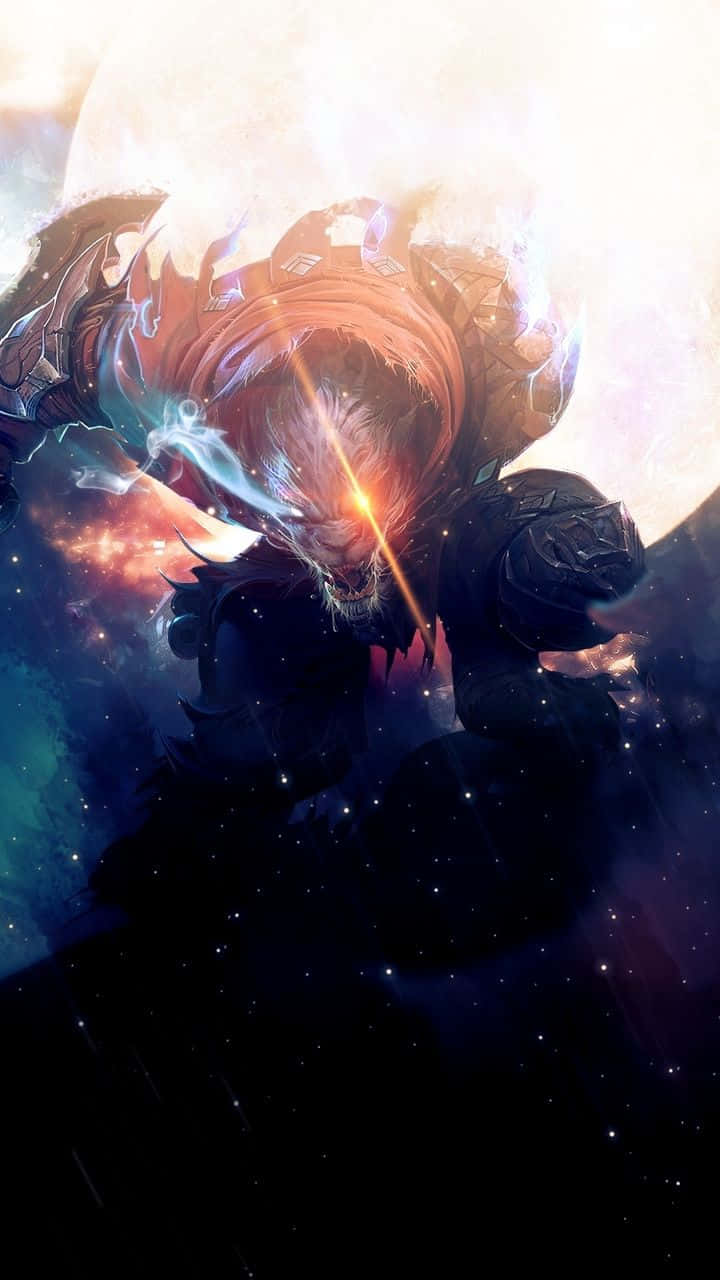 Android League Of Legends 桌布 壁紙 — 一個兇猛的裝甲戰士，擁有發光的紅色眼睛和藍色能量，在明亮天體下的宇宙星雲中揮砍。