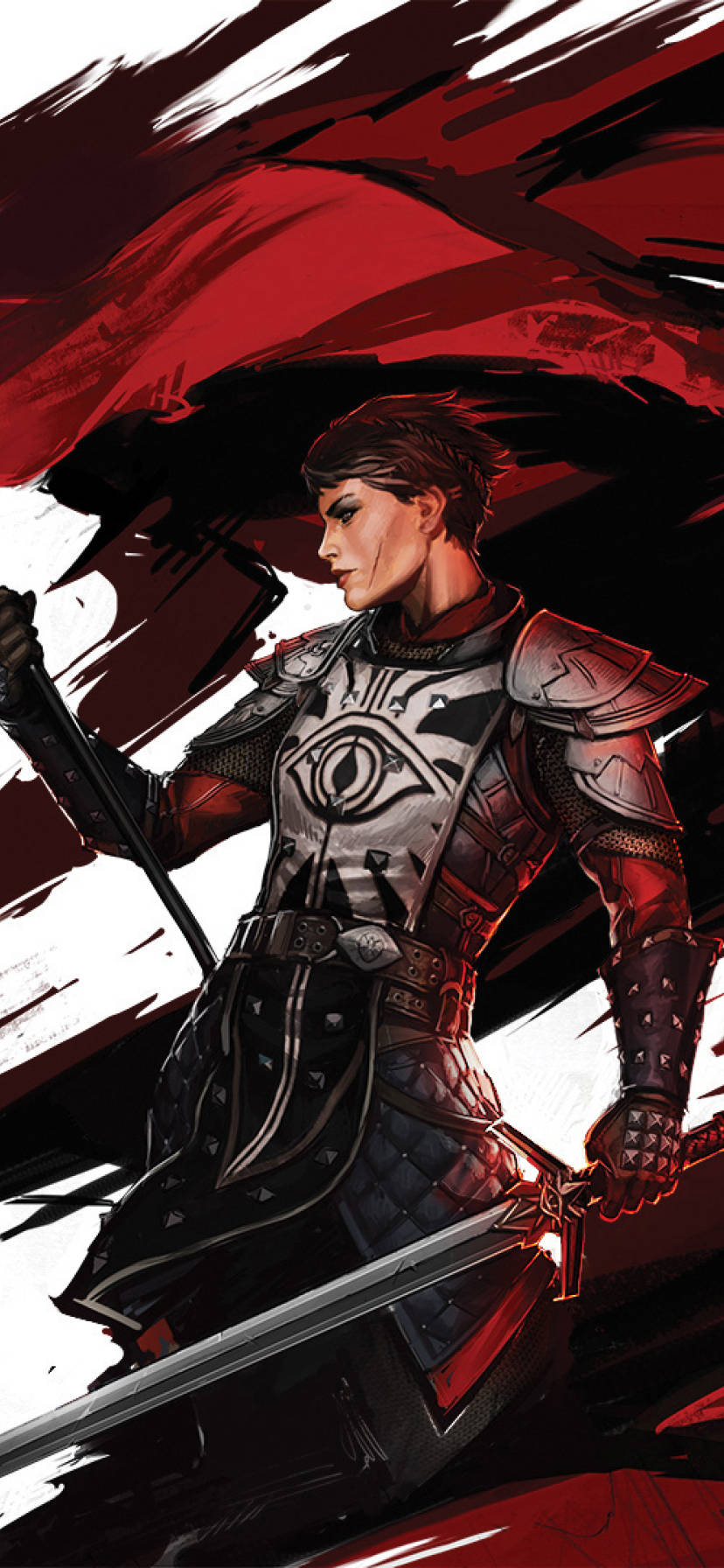 Dragon Age 桌布 壁紙 — 一個兇猛的裝甲戰士，胸前有眼睛標誌，在鮮明的紅黑抽象背景前揮舞著劍。
