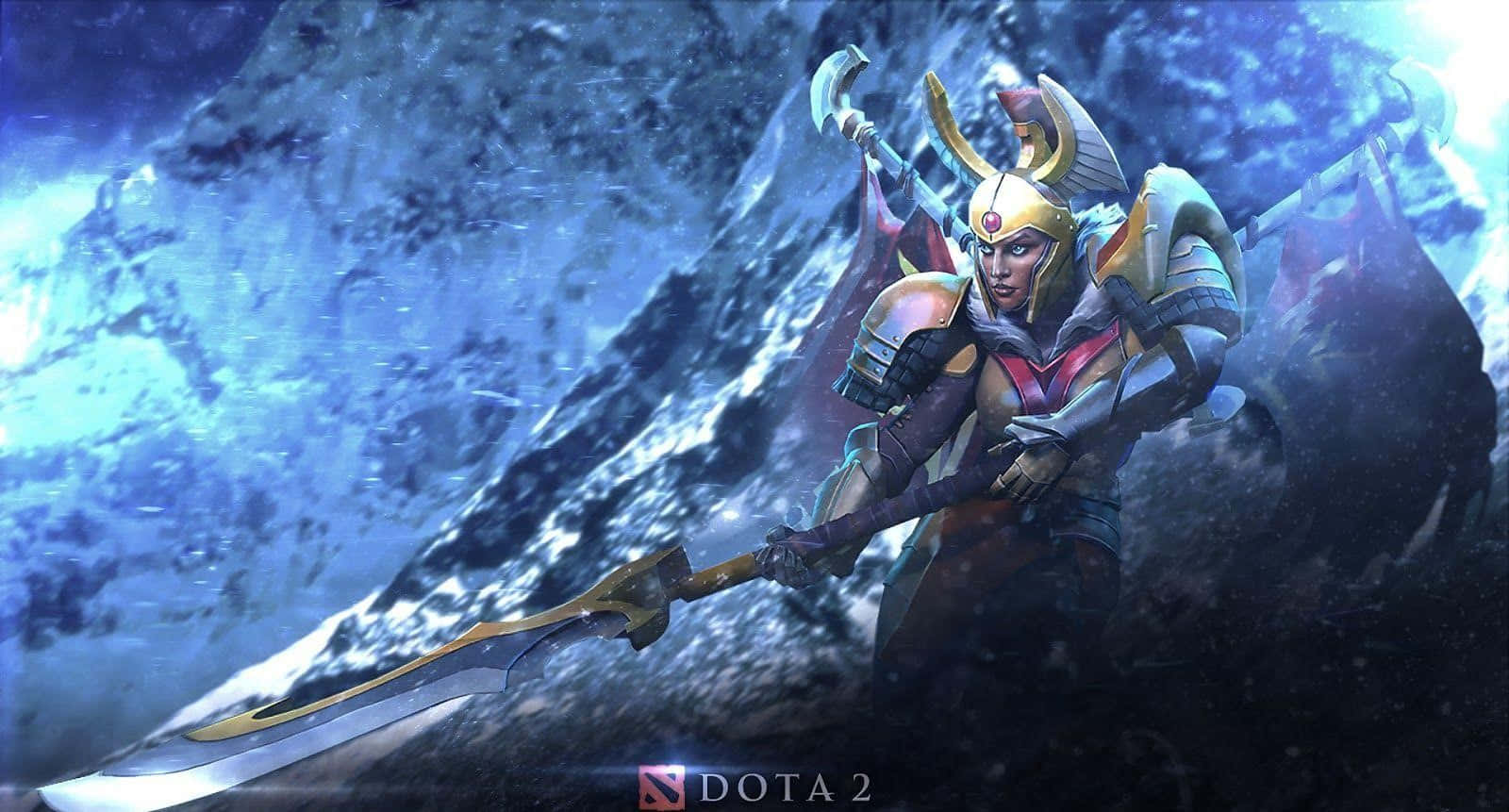 Legion Commander 桌布 壁紙 — 一個兇猛的裝甲戰士，頭戴金色角，手持巨劍，在崎嶇的冰山背景下傲然挺立。