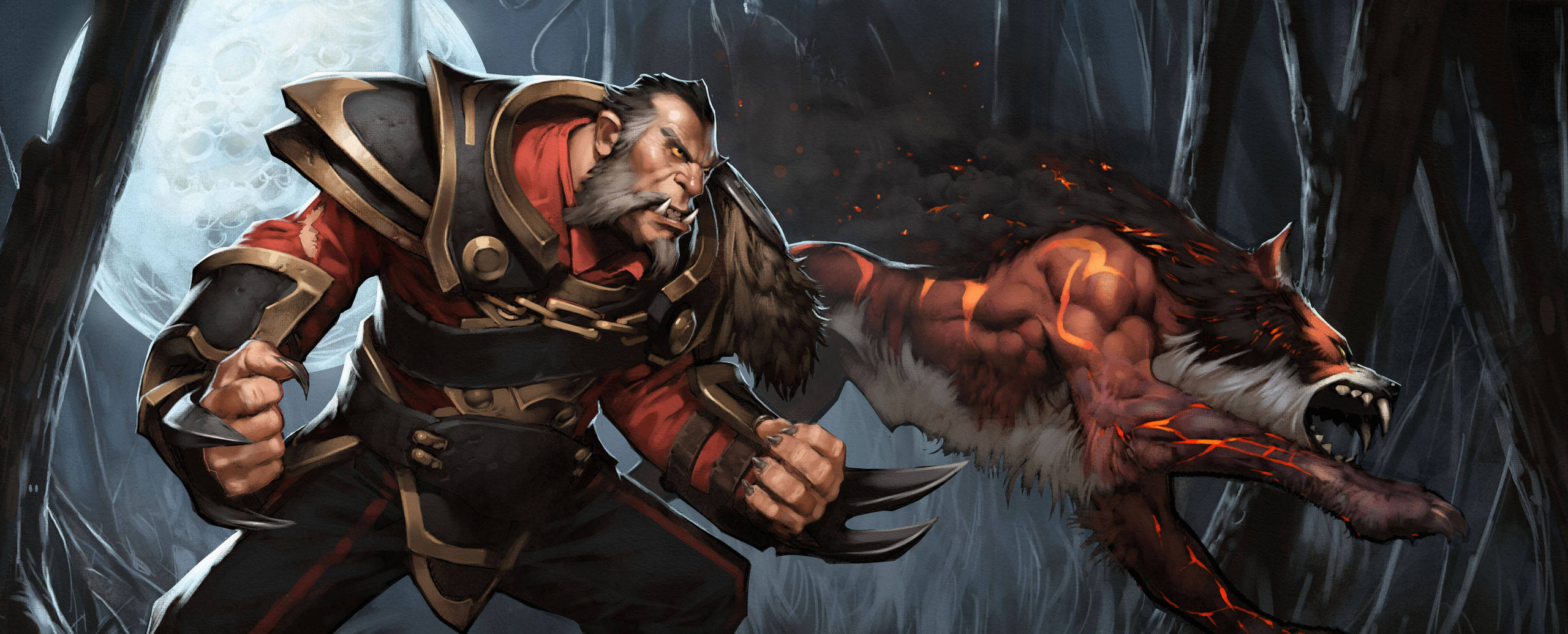 Dota 2 桌布 壁紙 — 一個兇猛的裝甲戰士在滿月下的黑暗森林中與發光的火狼戰鬥。