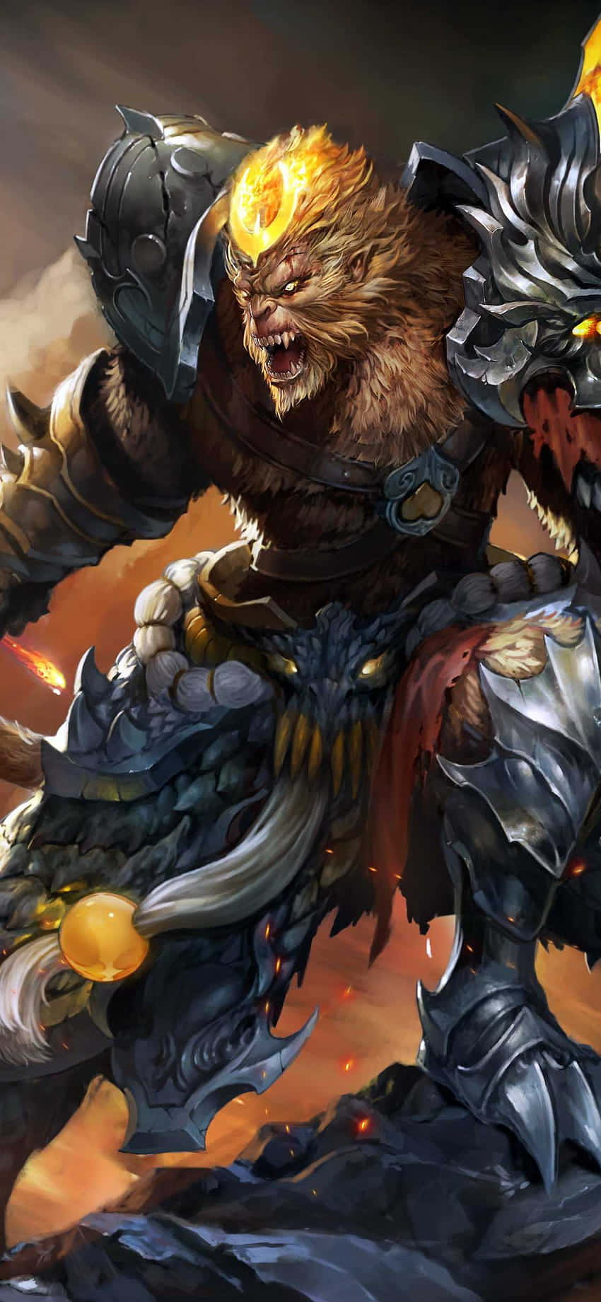 Android Mordhau 桌布 壁紙 — 一個兇猛的裝甲猴王，擁有發光的金色毛髮，在火焰戰鬥盔甲的龍上咆哮。