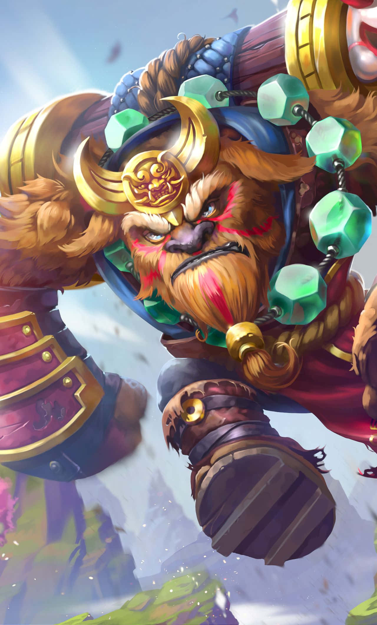 Earthshaker 桌布 壁紙 — 一個兇猛的角獸戰士，身穿華麗盔甲和綠色寶石珠飾，雙眼發光，吶喊衝鋒。