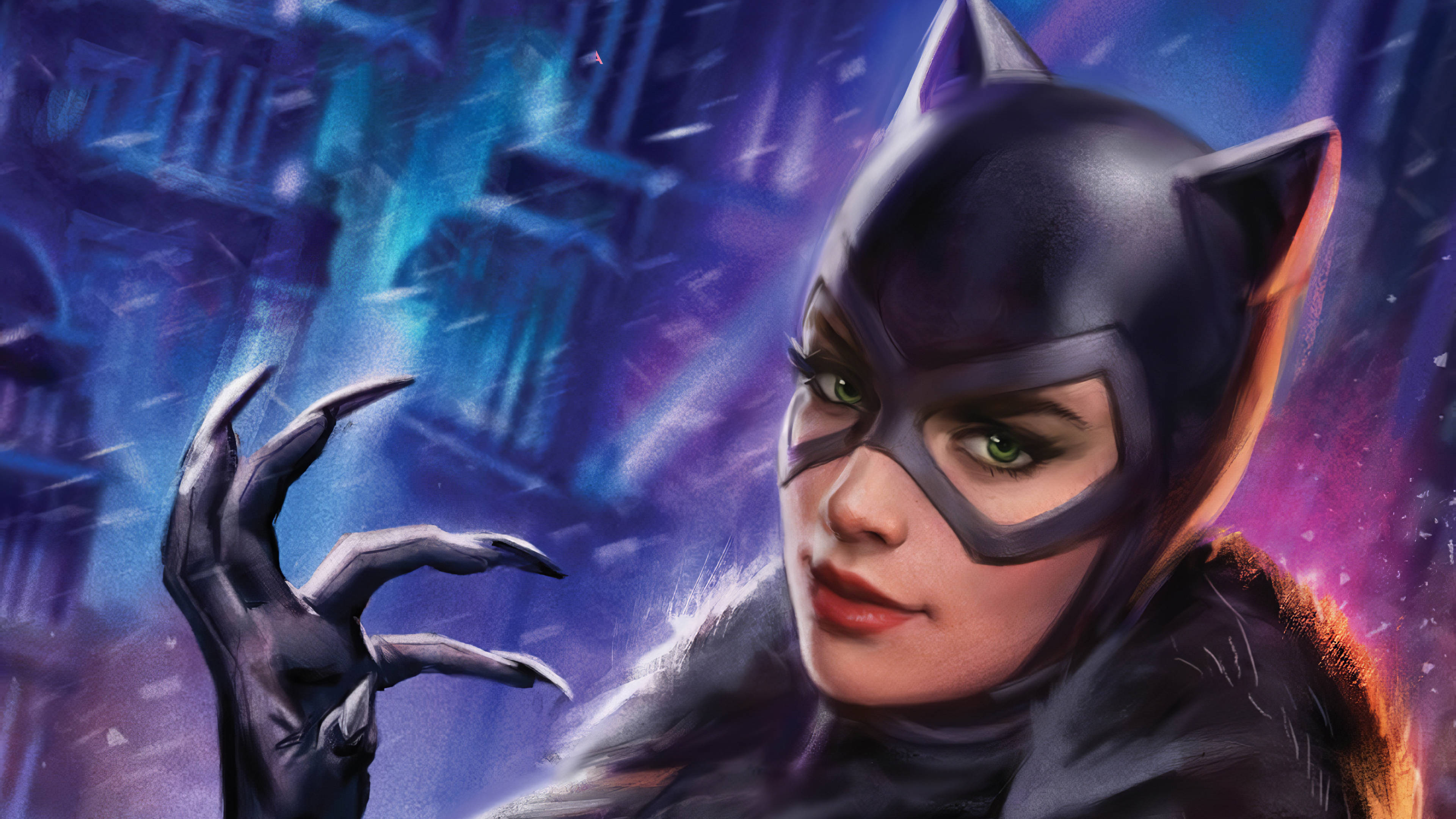 Catwoman 桌布 壁紙 — 一個兇猛的貓女，身穿光滑的黑色套裝，擁有發光的綠色眼睛和鋒利的爪子，站在夜晚霓虹燈照亮的城市景觀前。