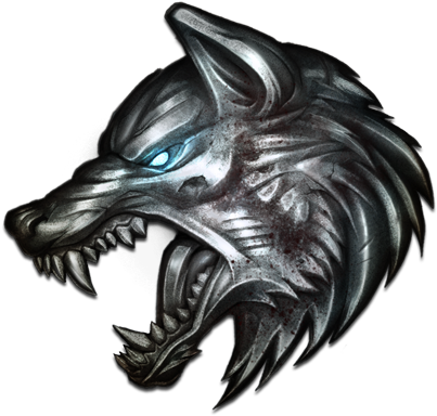 Wolf Logo 桌布 壁紙 — 一個兇猛的金屬狼頭，帶有發光的藍色眼睛和露出的牙齒，背景為黑色。