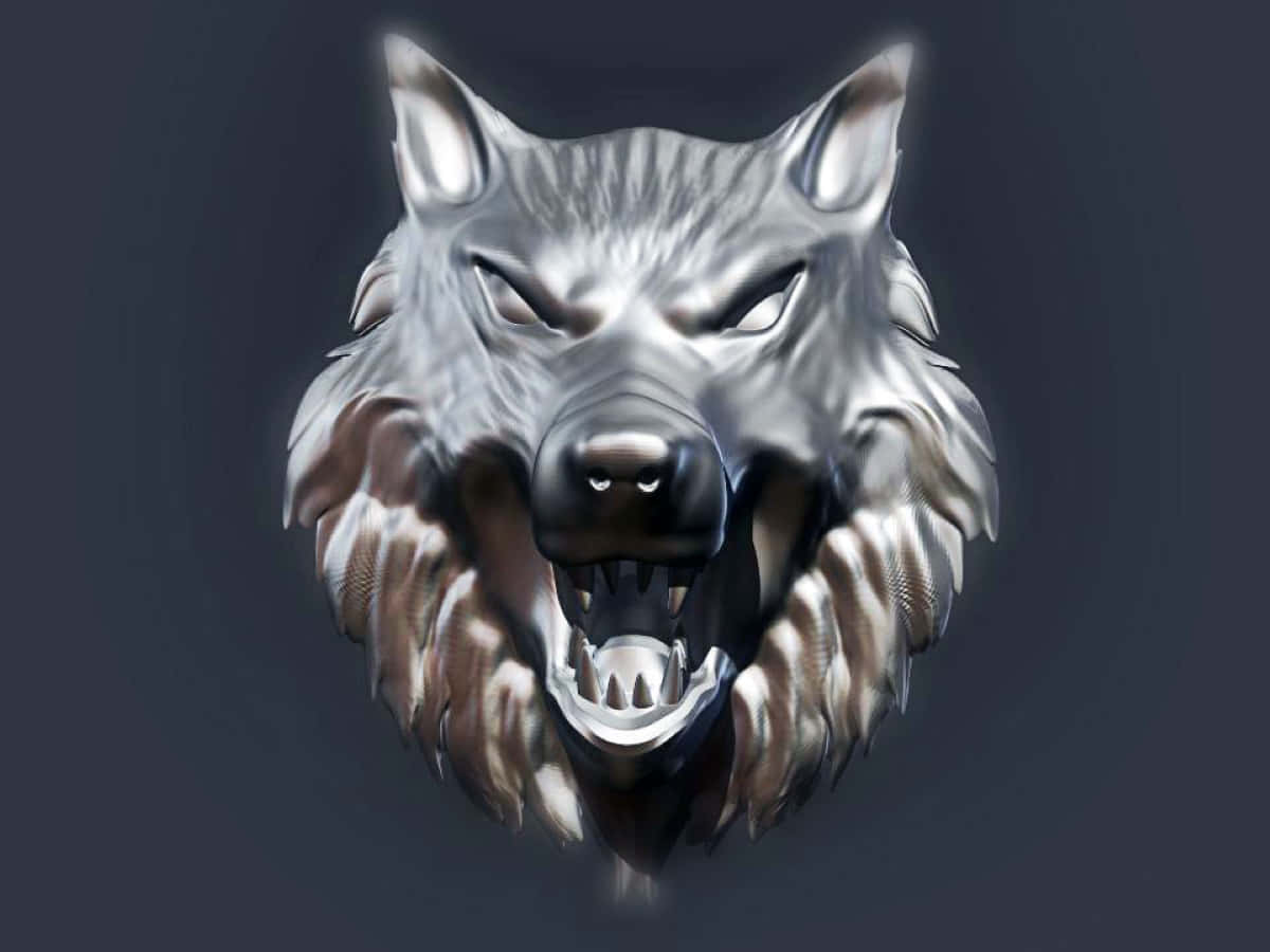 3d Wolf 桌布 壁紙 — 一個兇猛的金屬狼頭，眼睛發光，露出牙齒，背景為深灰色。
