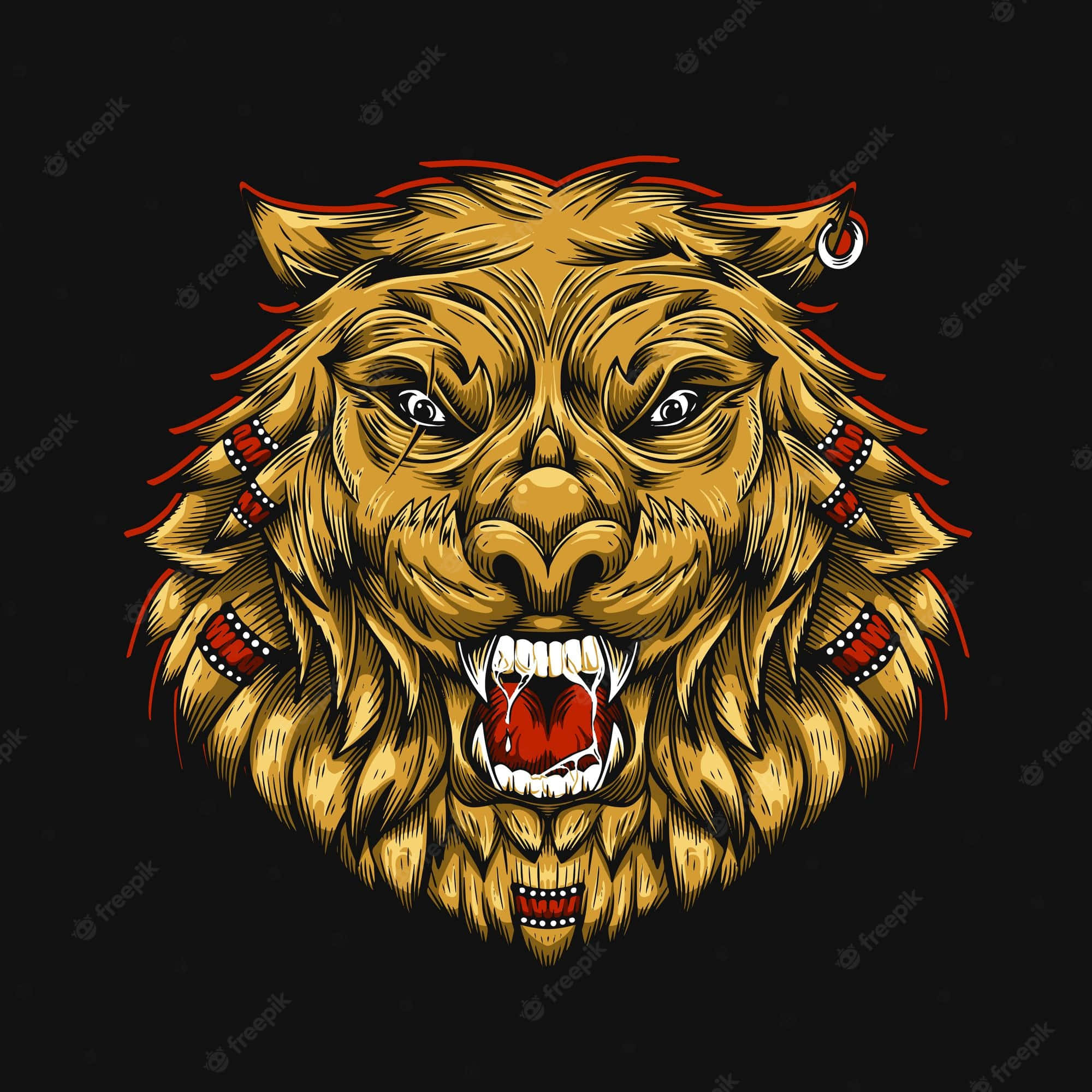 Roaring Lion 桌布 壁紙 — 一個兇猛的金色獅子頭，帶有紅色點綴，在黑色背景上以大膽的圖形風格咆哮。