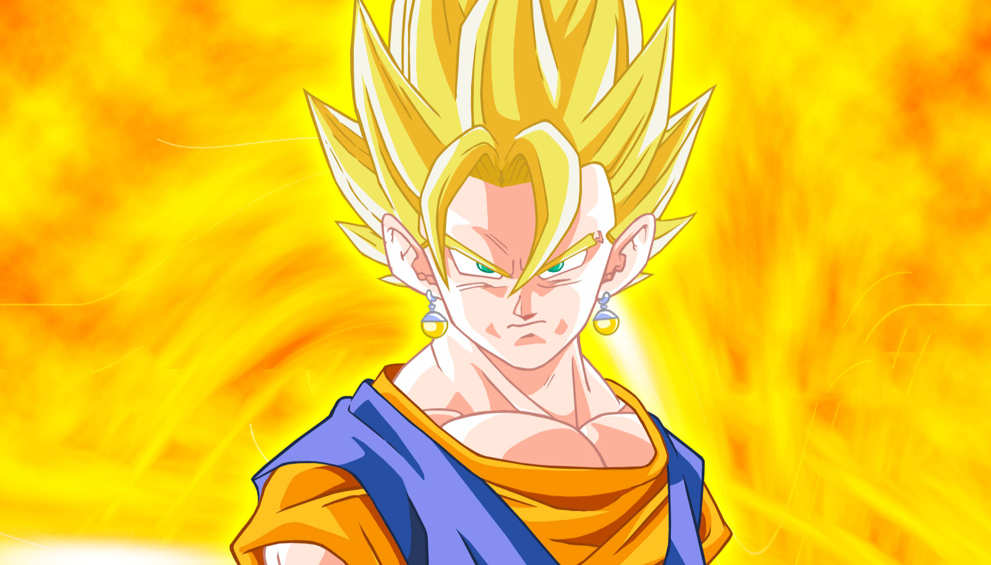Vegito 桌布 壁紙 — 一個兇猛的金髮動漫戰士，擁有發光的眼睛和藍橙色道服，站在熾熱的黃色能量光環中。