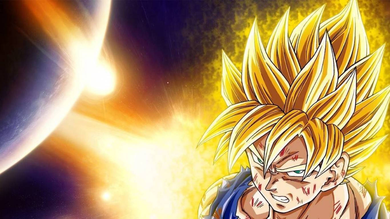七龍珠Z 桌布 壁紙 — 一個兇猛的金髮動漫戰士，擁有發光的眼睛和戰鬥傷疤，站在星星和燦爛太陽的宇宙背景下。