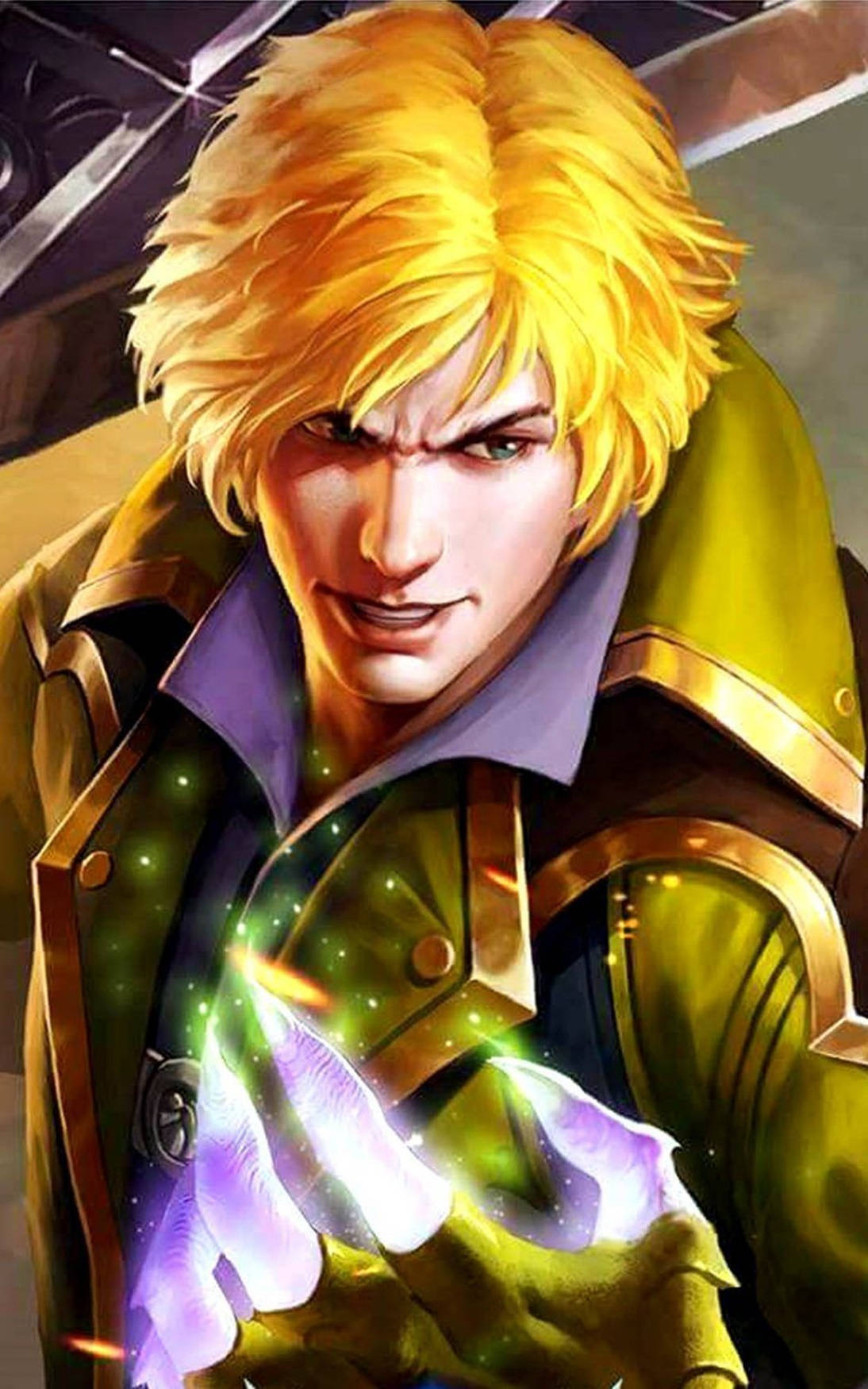 Mobile Legends 動態圖 桌布 壁紙 — 一個兇猛的金髮動漫戰士身穿綠色盔甲，從手中釋放出發光的紫色和綠色能量。