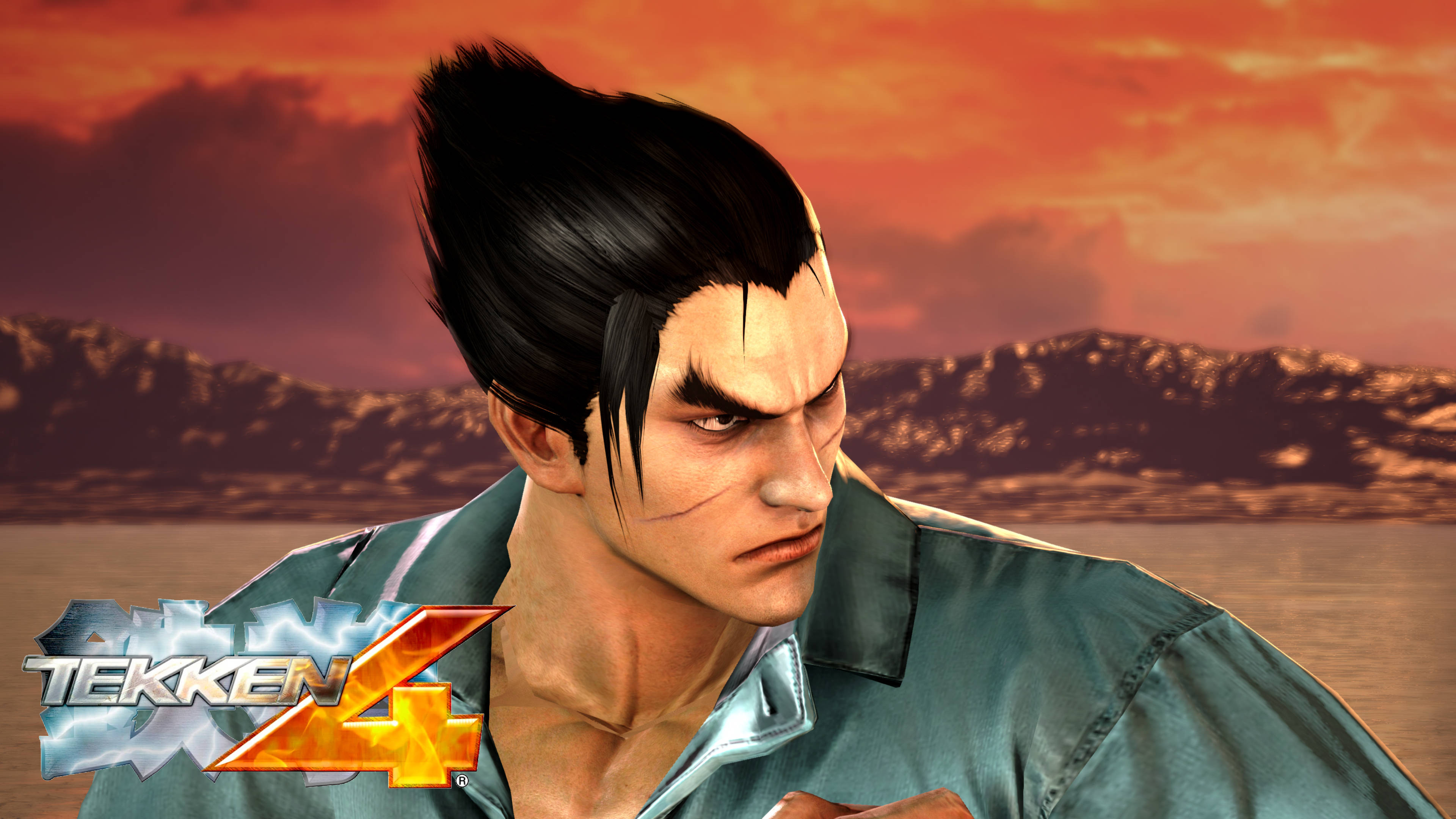 kazuya mishima 桌布 壁紙 — 一個兇猛的鐵拳4戰士，有著尖刺的黑髮和一道疤痕，在遠山之上熾熱的日落背景下強烈地凝視著。