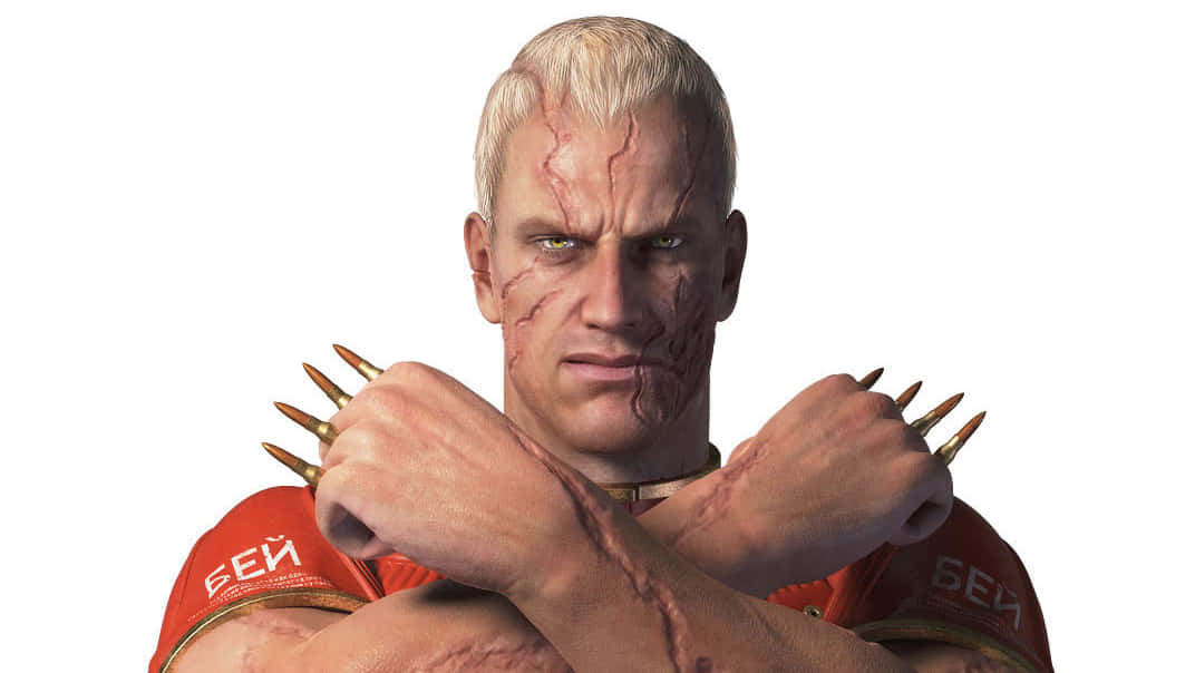 Metal Gear Solid Characters 桌布 壁紙 — 一個兇猛的電子遊戲戰士，臉上帶有疤痕，指節帶刺，交叉雙臂擺出威脅姿勢。