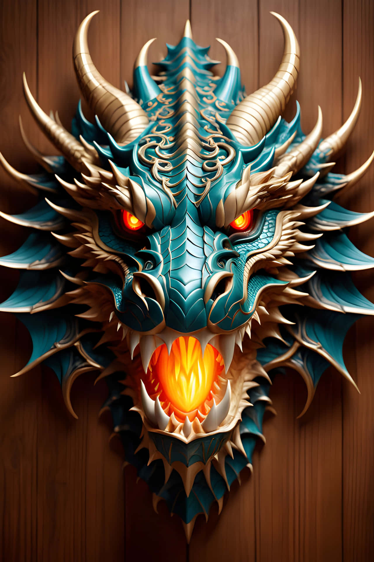 Intricate Dragon Head 壁紙 — 一個兇猛的青綠色和金色龍頭，帶有發光的紅色眼睛和火熱的橙色嘴巴，安裝在木牆上。