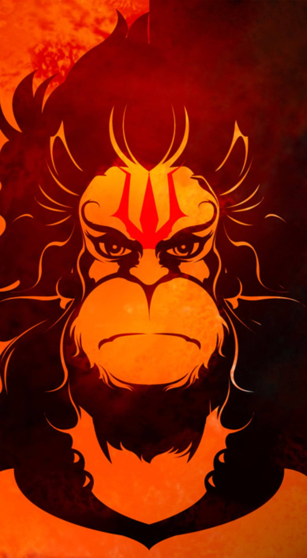 lord hanuman 桌布 壁紙 — 一個兇猛的風格化猴子戰士，擁有發光的橙色眼睛和火紅色的標記，背景是煙霧瀰漫的日落。