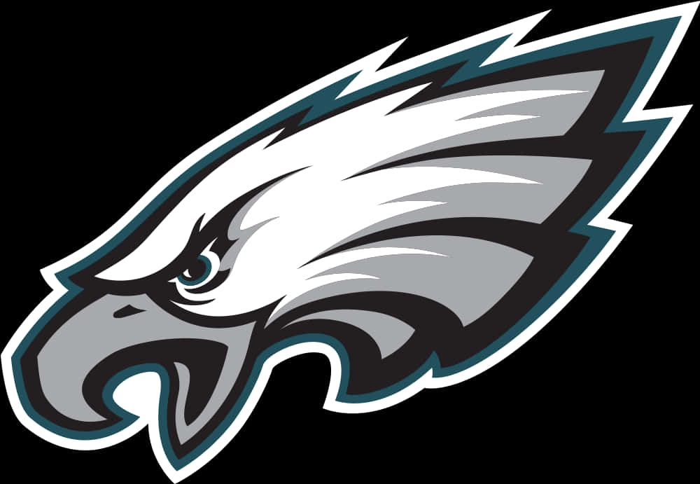 Eagle Logo 桌布 壁紙 — 一個兇猛的風格化鷹頭標誌，以白色、灰色和青綠色呈現，背景為黑色。