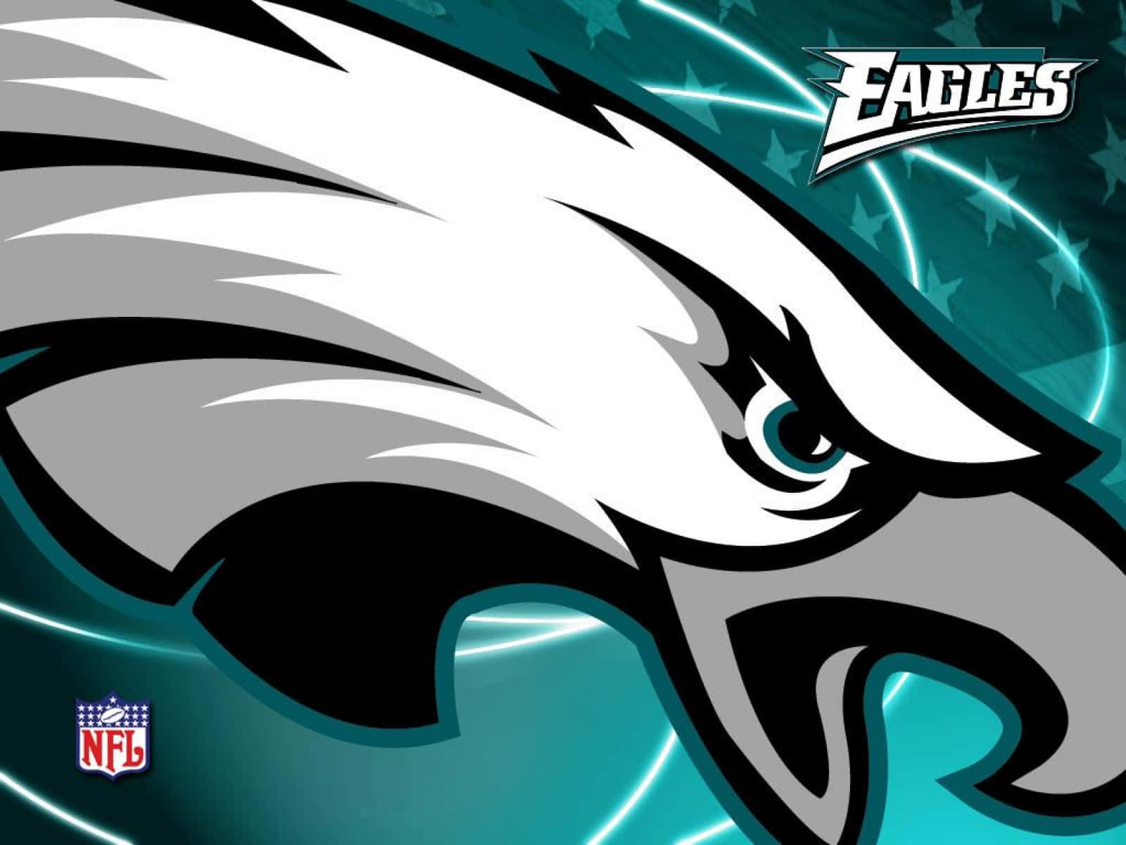 Eagles Football 桌布 壁紙 — 一個兇猛的風格化鷹頭標誌，帶有尖銳的白色、灰色和黑色羽毛，背景為藍綠色，帶有發光的線條和星星。