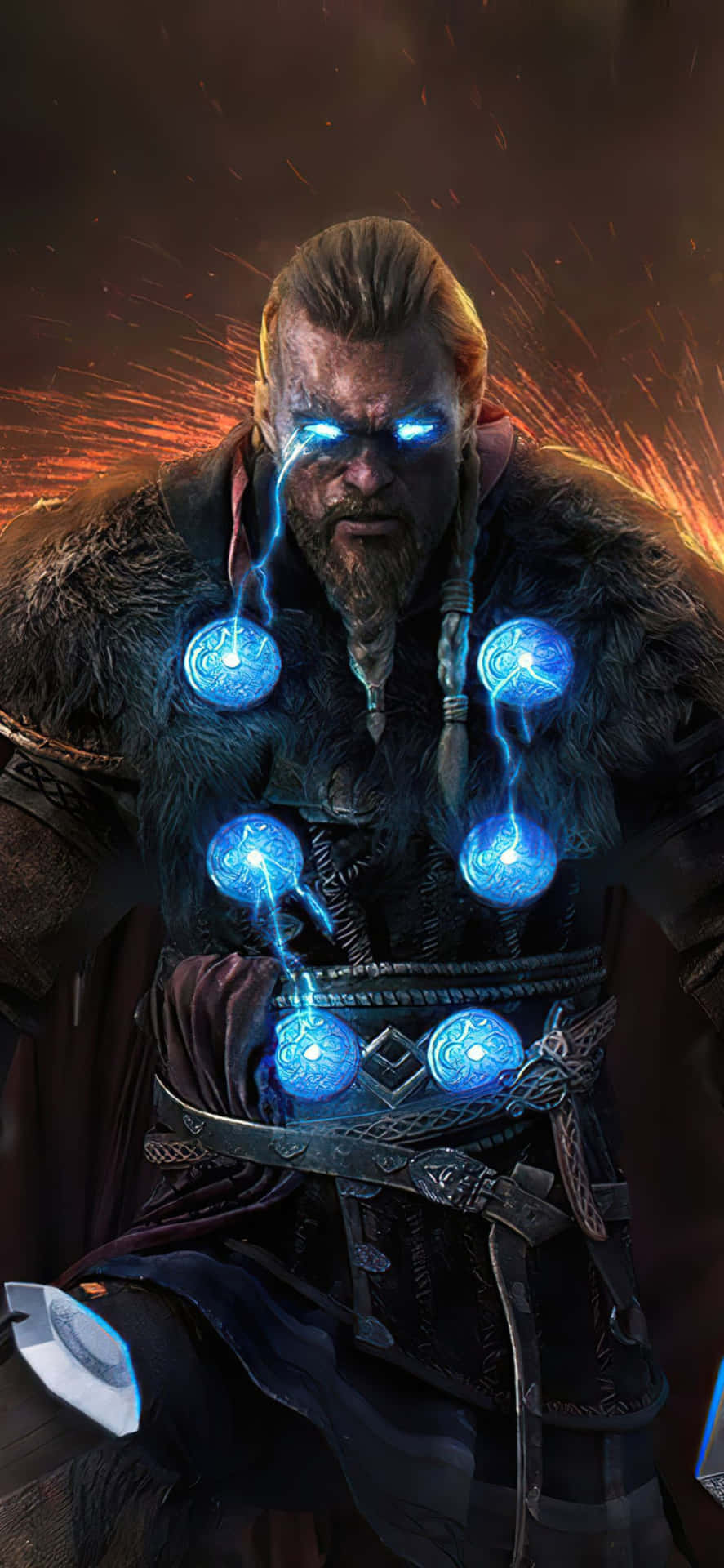 電玩遊戲 桌布 壁紙 — 一個兇猛的鬍鬚戰士，擁有發光的藍色眼睛和漂浮在胸前的魔法球，站在熾熱的背景前。