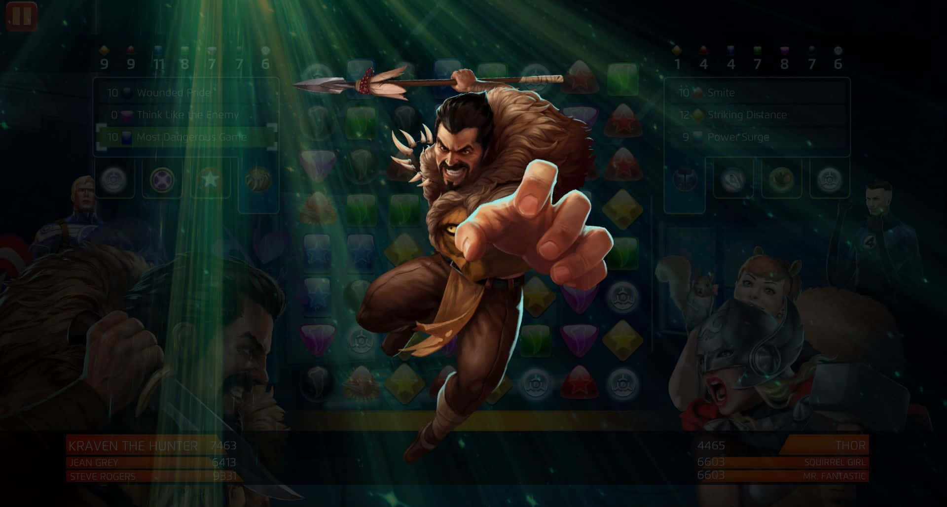 Kraven The Hunter 桌布 壁紙 — 一個兇猛的鬍鬚戰士身穿毛皮盔甲，在電玩場景中，於發光的綠色網格介面中持矛向前衝刺。