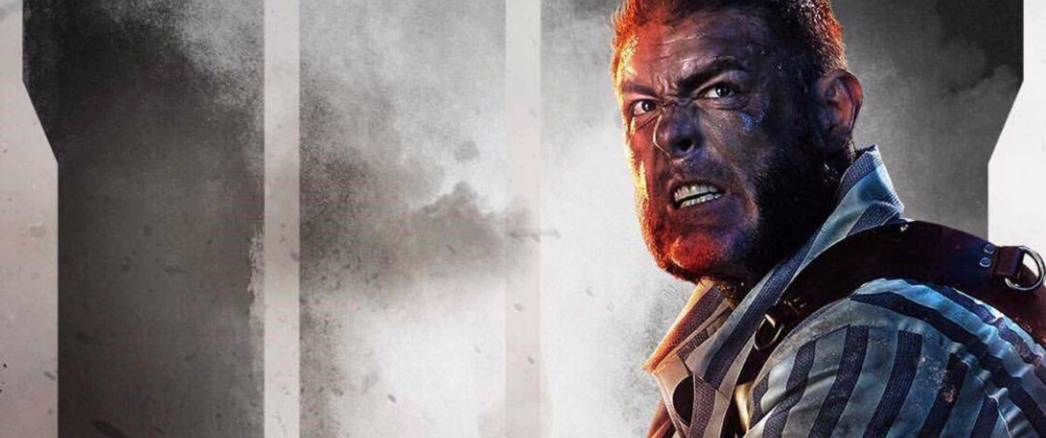 3440x1440p Call Of Duty Black Ops 4 桌布 壁紙 — 一個兇猛的鬍鬚男人穿著條紋囚犯制服，在粗糙的混凝土背景下怒視。