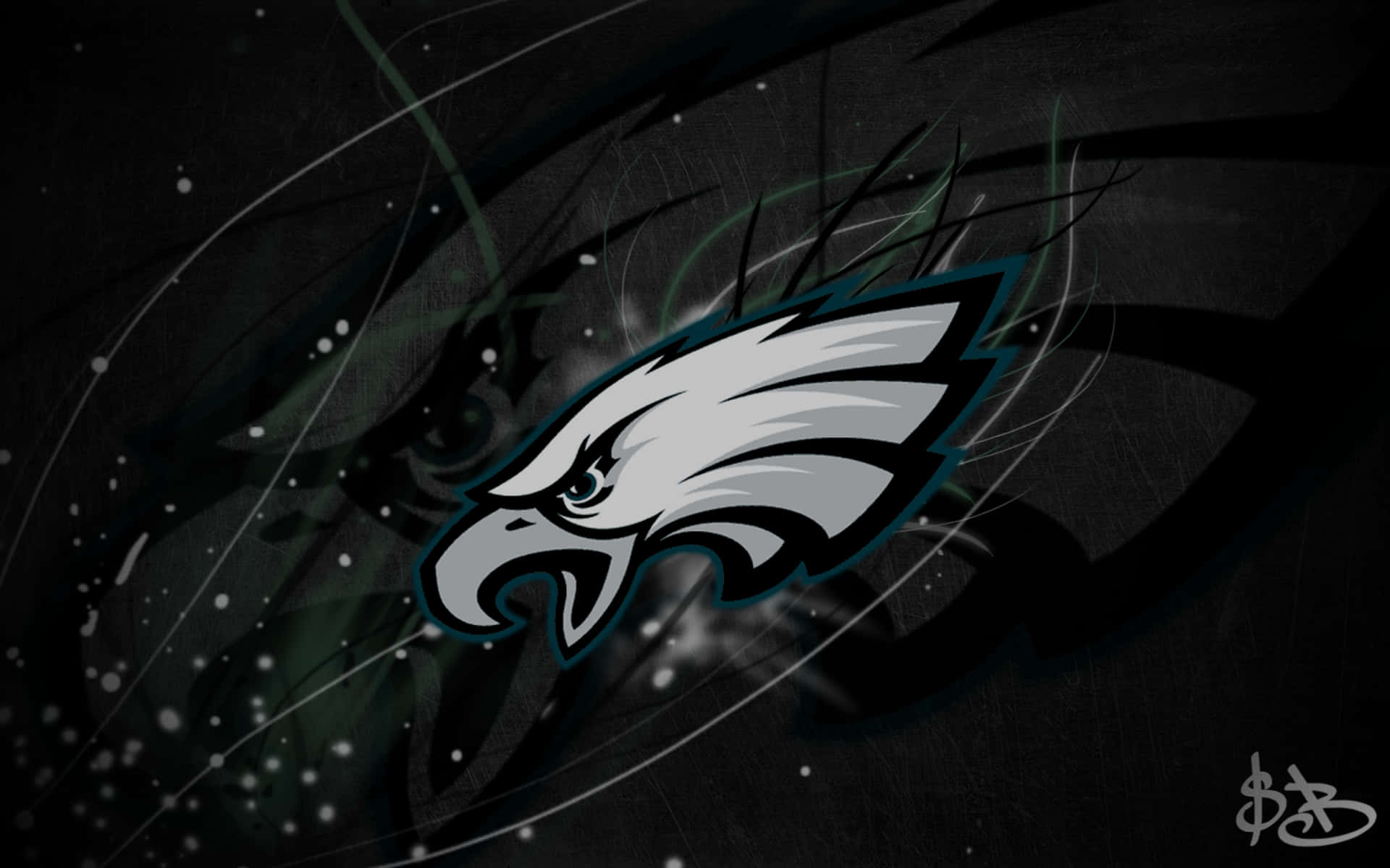 Eagles Football 桌布 壁紙 — 一個兇猛的鷹標誌，帶有鋒利的白色和藍綠色羽毛，在帶有漩渦狀抽象線條和發光斑點的深色紋理背景上怒視。
