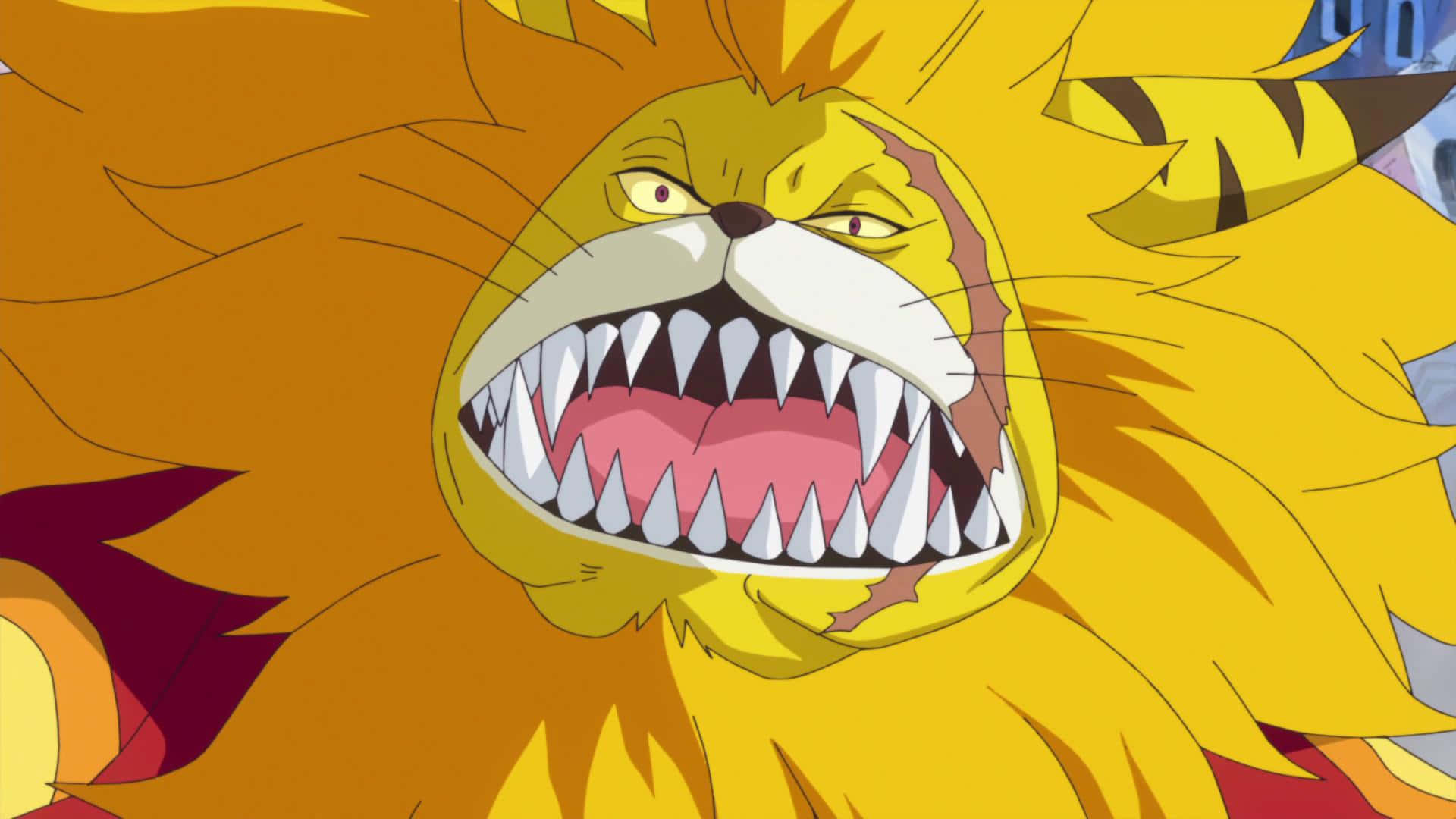 Nekomamushi 桌布 壁紙 — 一個兇猛的黃色獅子般動漫角色，在熾熱的橙色背景前，露出尖銳的牙齒和強烈的眼神咆哮著。