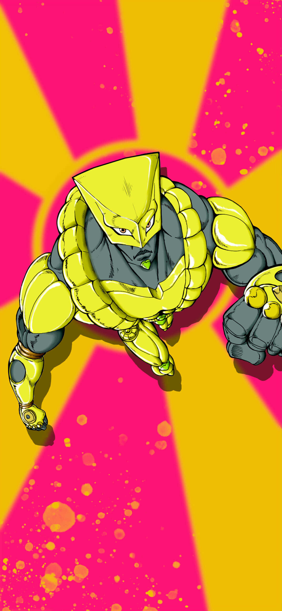Jojo's Bizarre Adventure 桌布 壁紙 — 一個兇猛的黃色裝甲動漫角色，有著三角形頭部和發光的眼睛，動態地站在充滿活力的粉紅色和黃色放射狀背景上，帶有油漆飛濺。