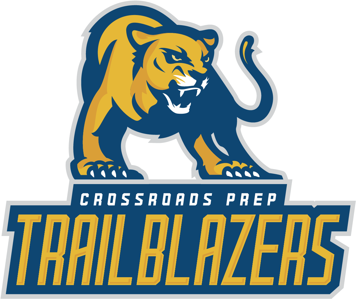 Crossroad 桌布 壁紙 — 一個兇猛的黃藍色老虎吉祥物標誌，粗體文字寫著 Crossroads Prep Trailblazers。